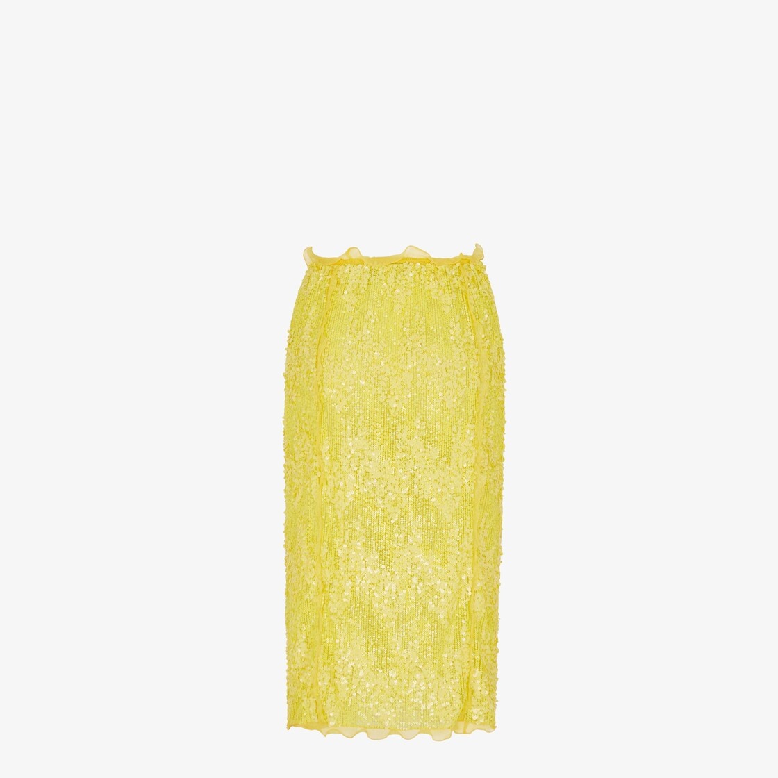 Straight midi skirt with elastic fitted waist. Made of yellow silk chiffon, entirely covered with al - 2