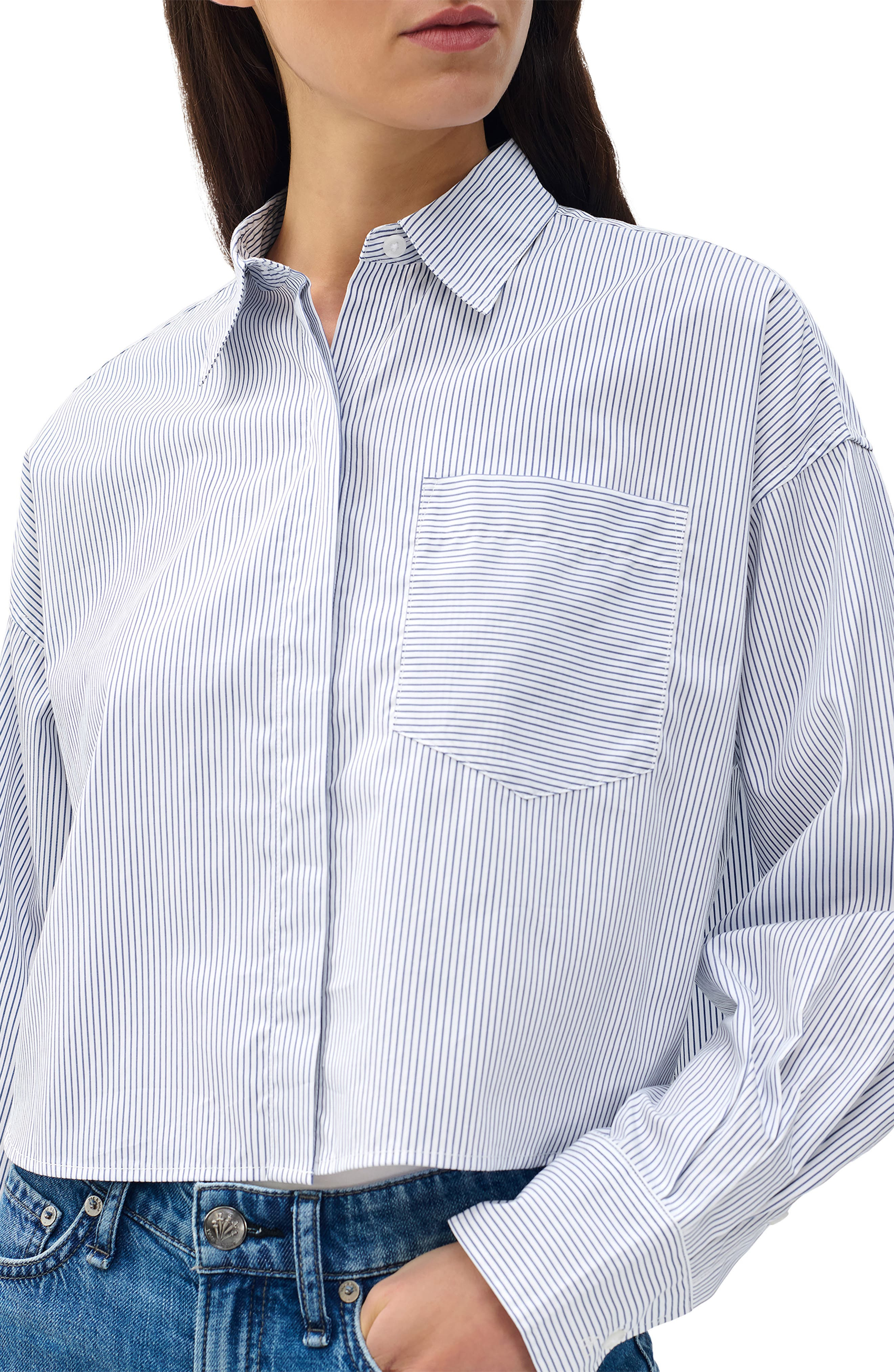 rag & bone Marin Stripe Crop Cotton Button-Up Shirt in White Stripe at Nordstrom - 4