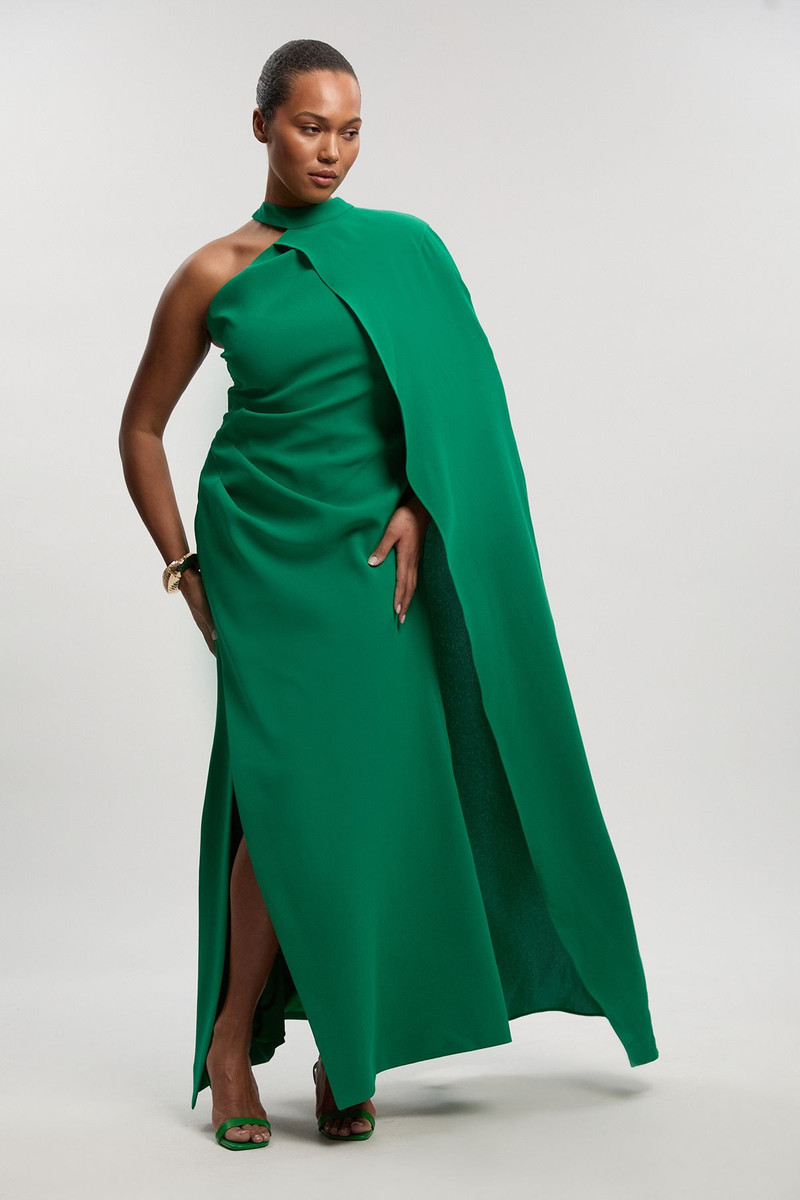 Plus Size Soft Tailored One Shoulder Cape Sleeve Maxi Dress 1