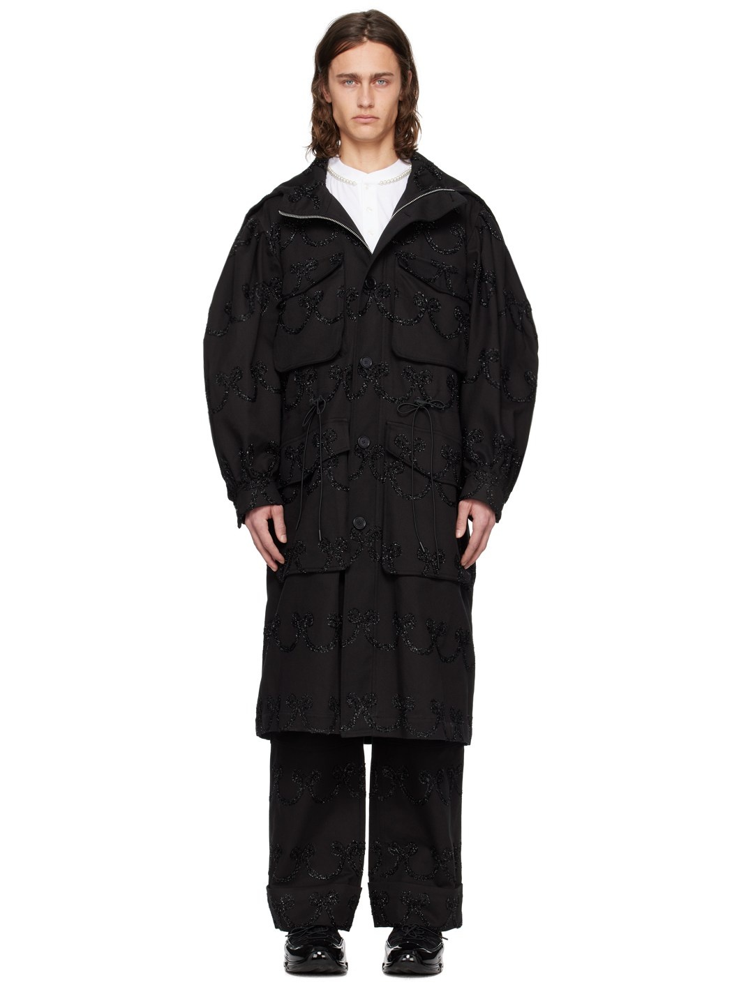 Black Embroidered Denim Coat - 1
