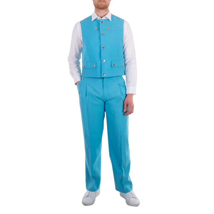 Burberry Men's Bright Opal Blue Round-Neck Wool Waistcoat - 3