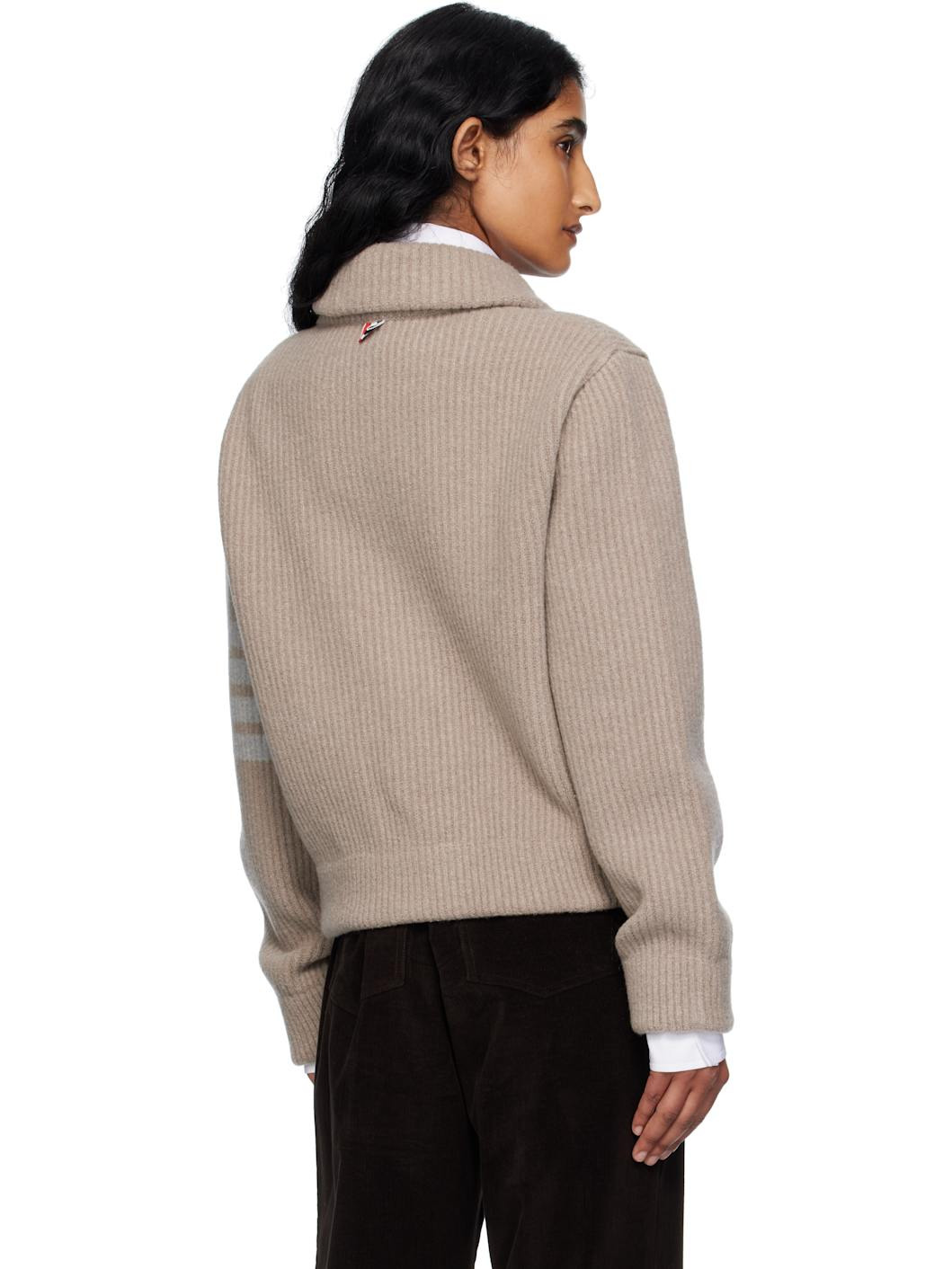Beige Boiled Merino Wool 4-Bar Bomber Cardigan - 3