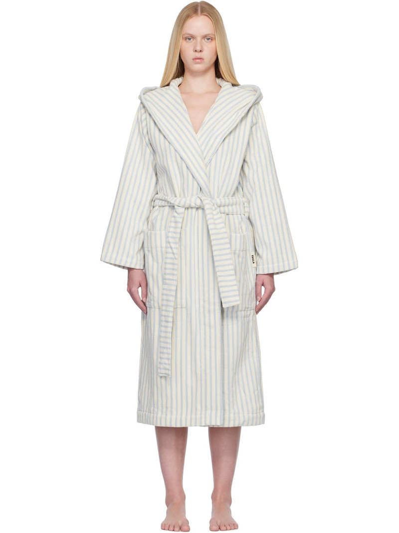 Off-White & Blue Terry Hooded Bathrobe 1