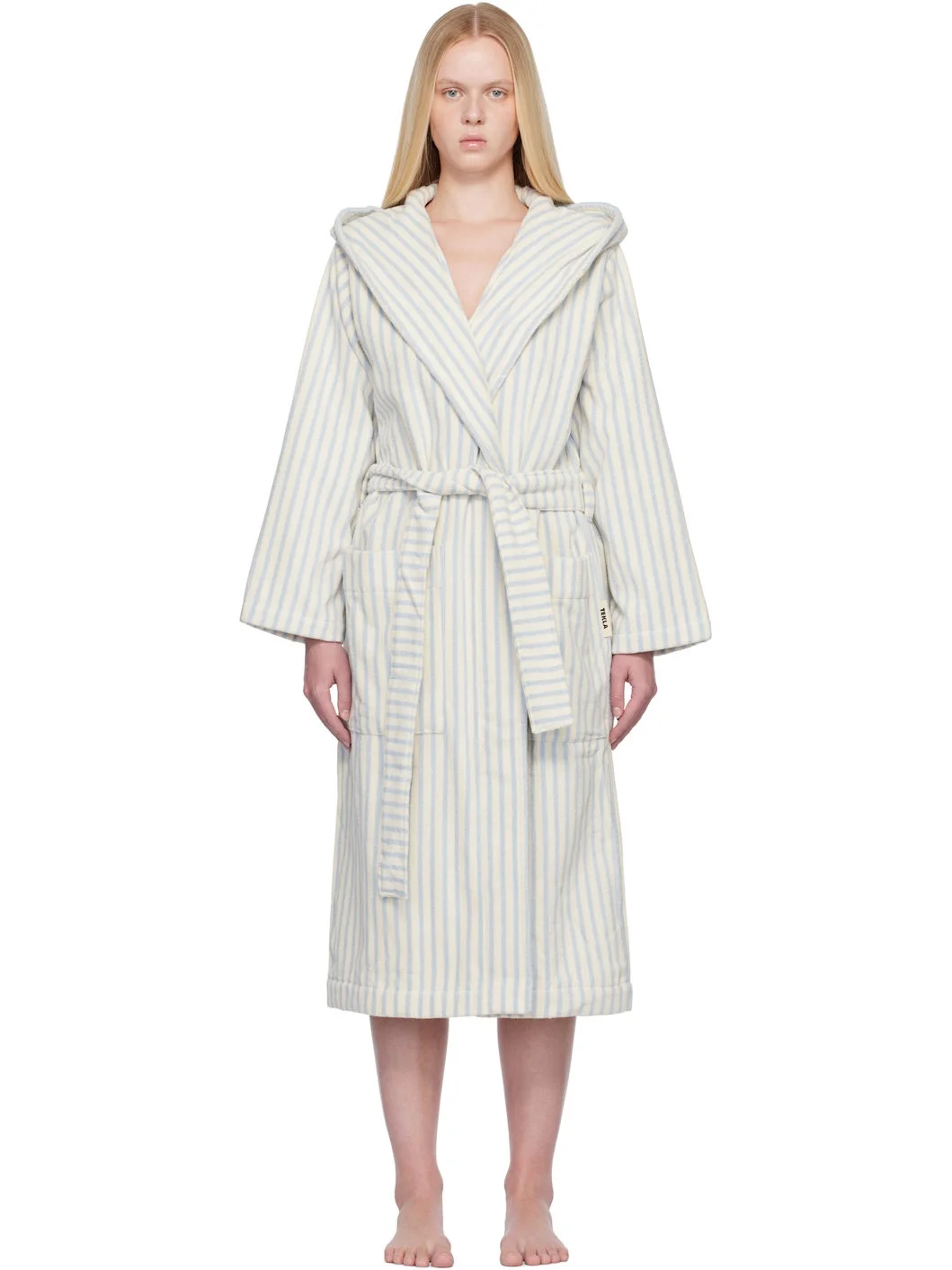 Off-White & Blue Terry Hooded Bathrobe - 1