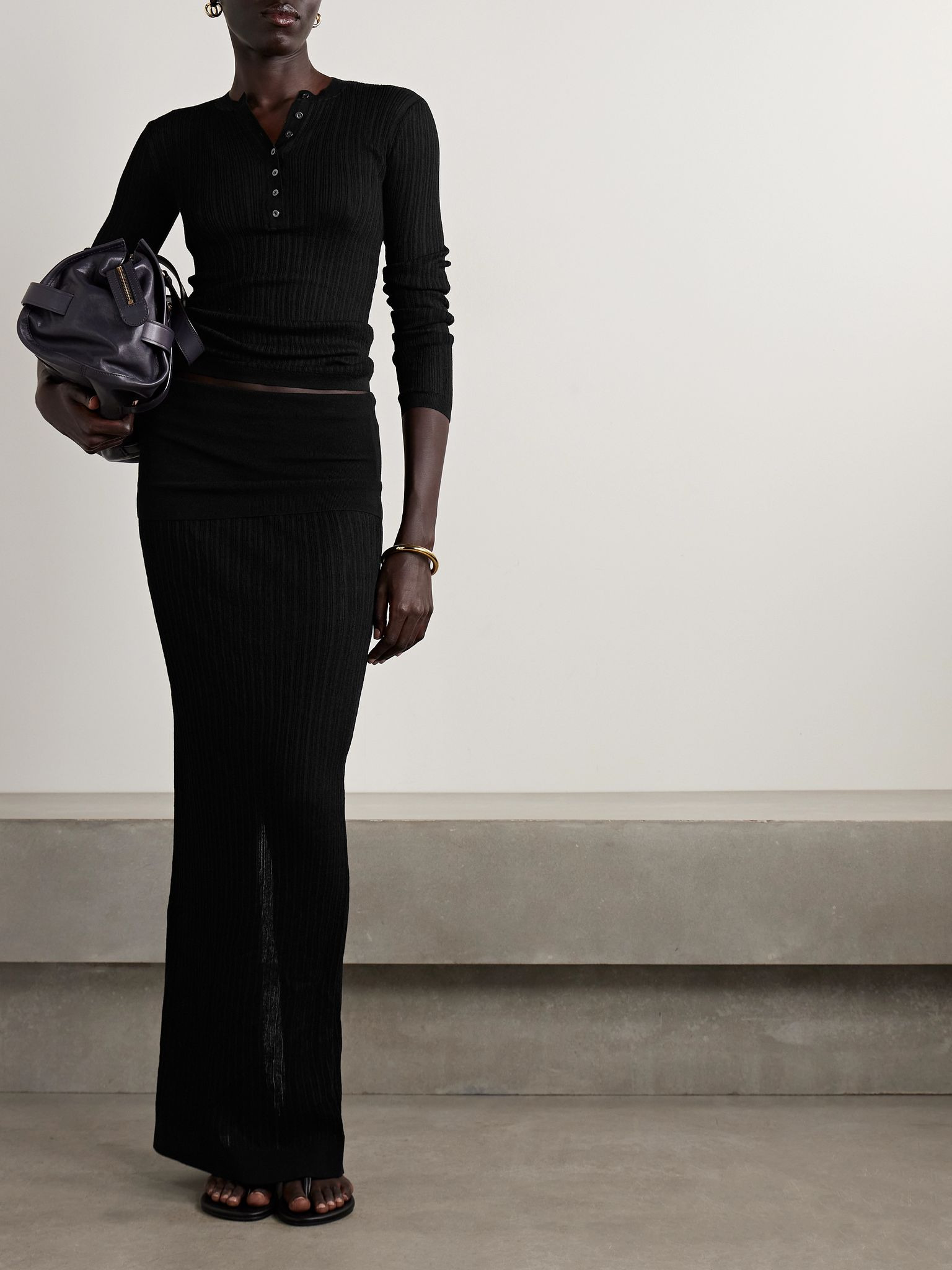 Sheer Knit Foldover Long Skirt - Onyx Black - 2