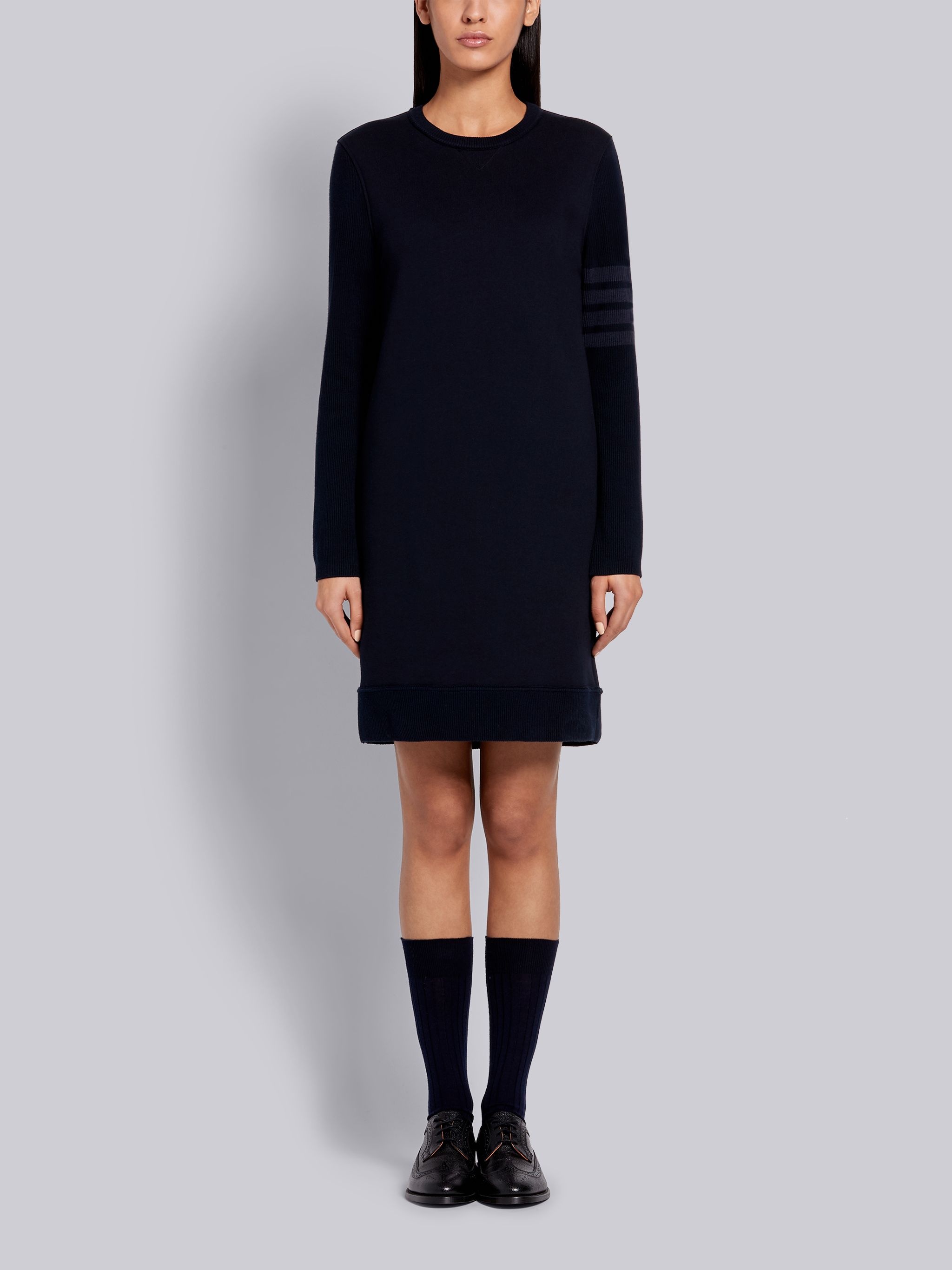 Navy Classic Loopback Tonal 4-Bar Crewneck Sweater Dress - 1