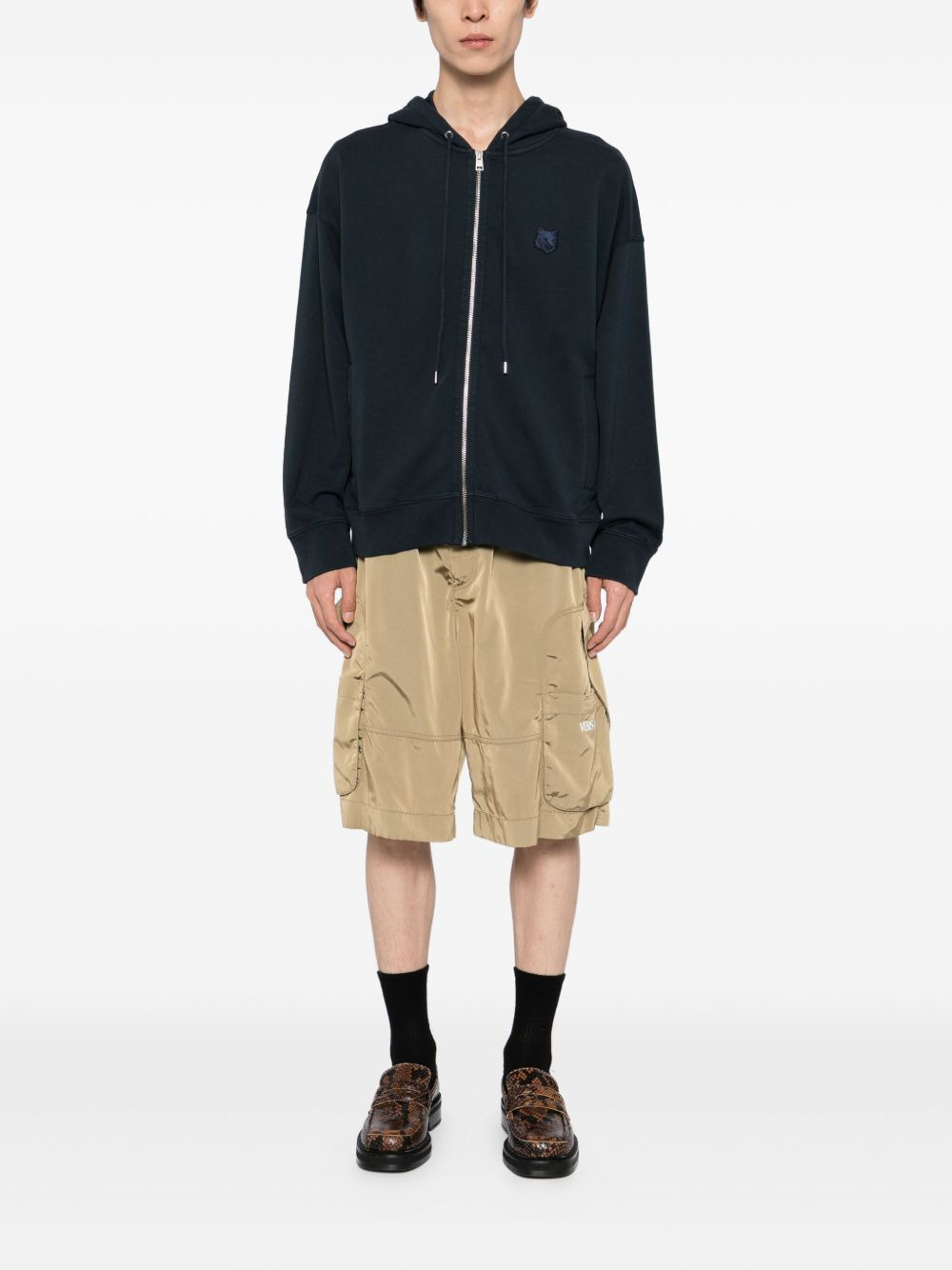 bold fox head patch zipped hoodie - 2