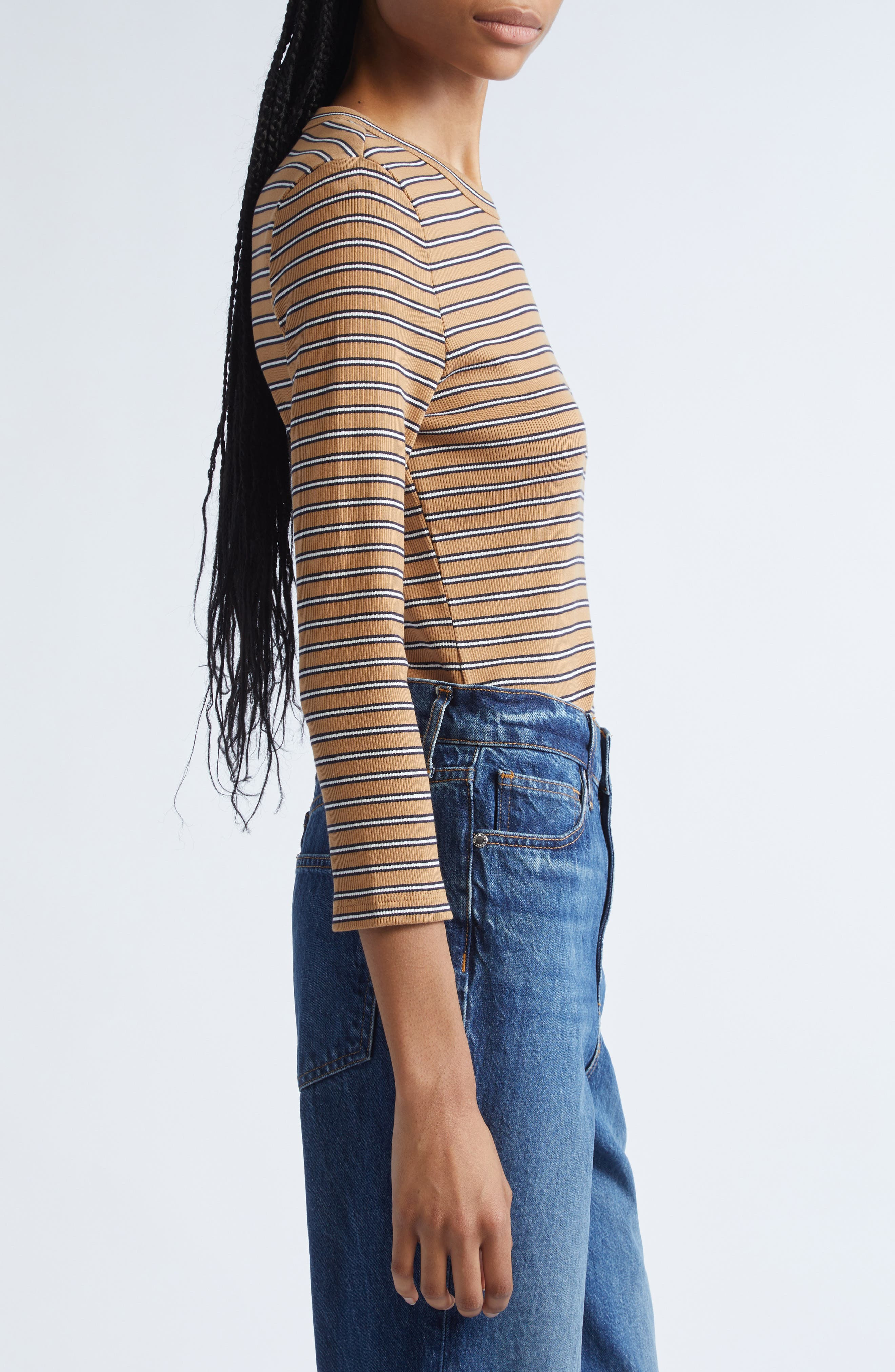 Veronica Beard Pruitt Stripe Three Quarter Sleeve Cotton T-Shirt in Brown Multi at Nordstrom - 4