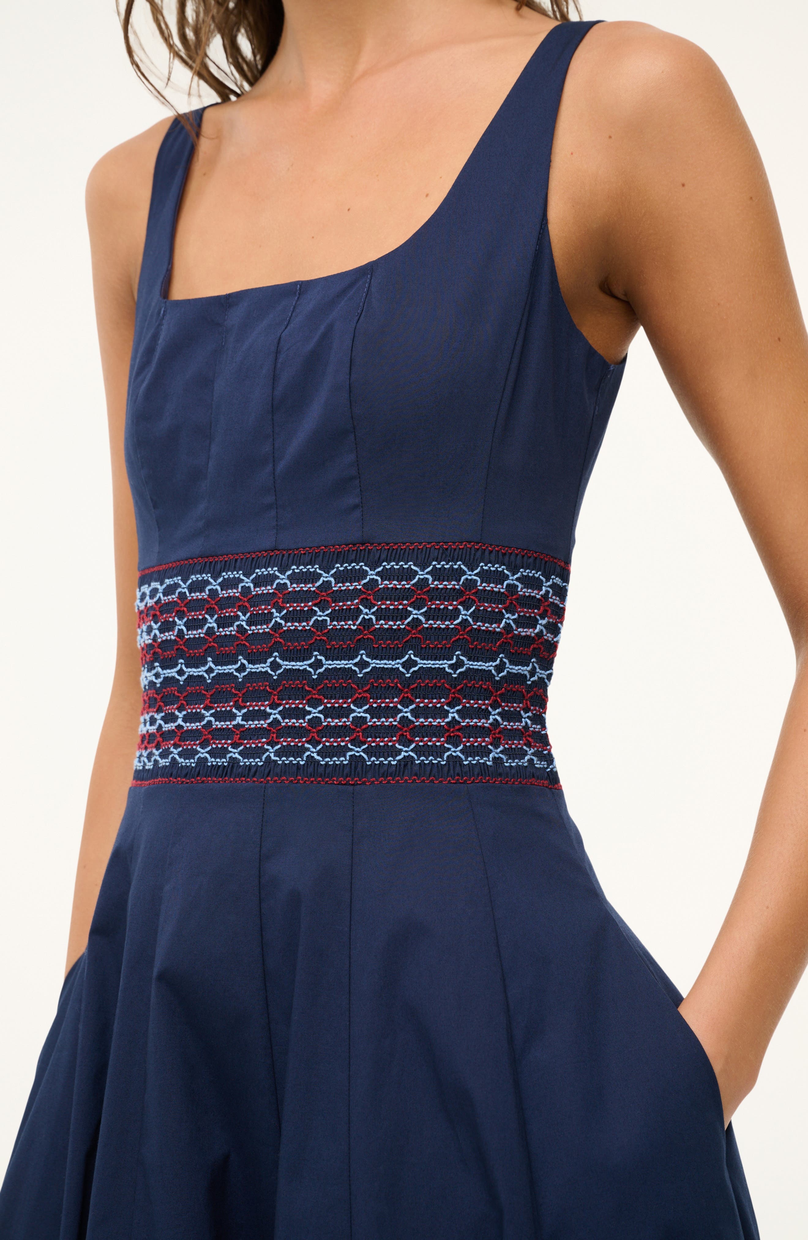 STAUD Rig Embroidered Smocked Waist Stretch Cotton Sundress in Navy at Nordstrom - 4