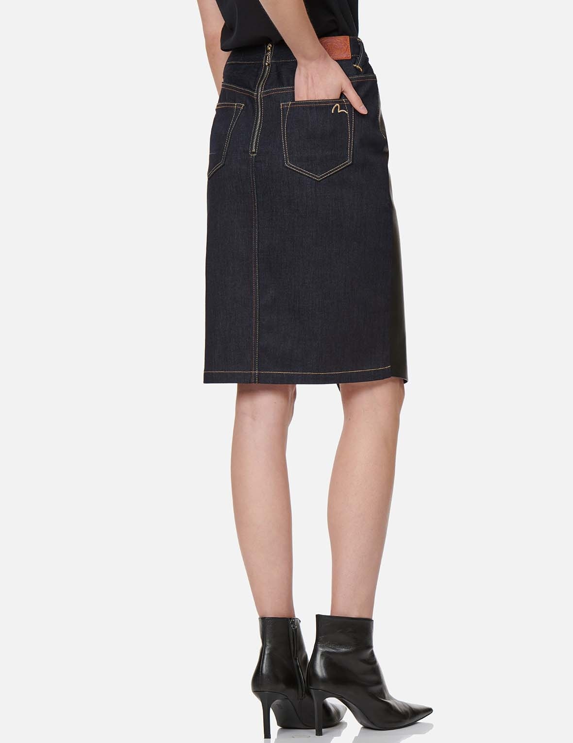 PU PANEL DENIM PENCIL SKIRT - 4