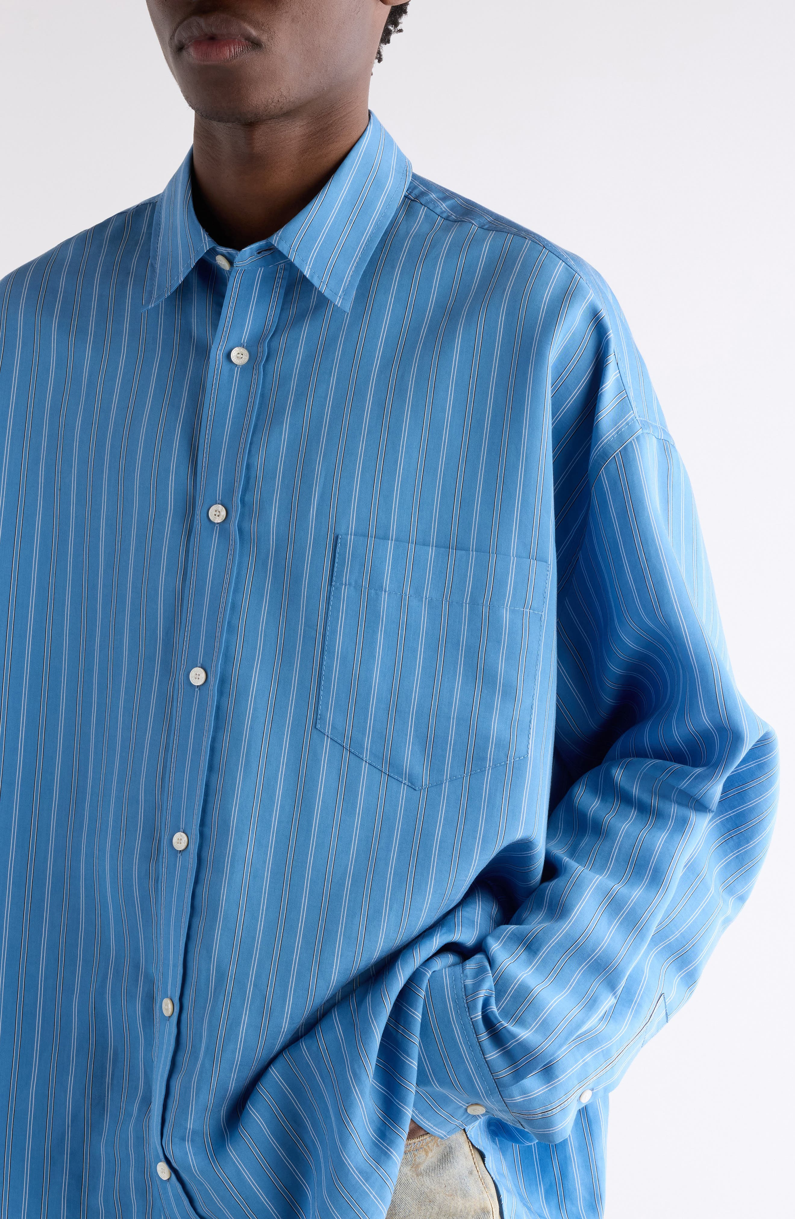 Acne Studios Roffia Stripe Overisze Button-Up Shirt in Blue Multi at Nordstrom - 5