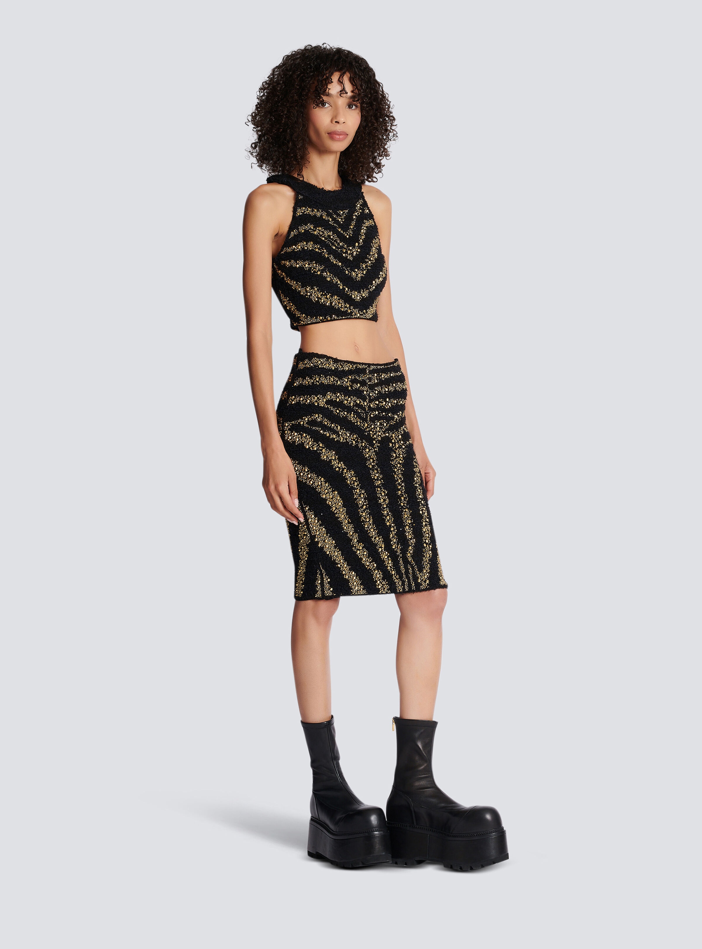Embroidered tweed pencil skirt - 3