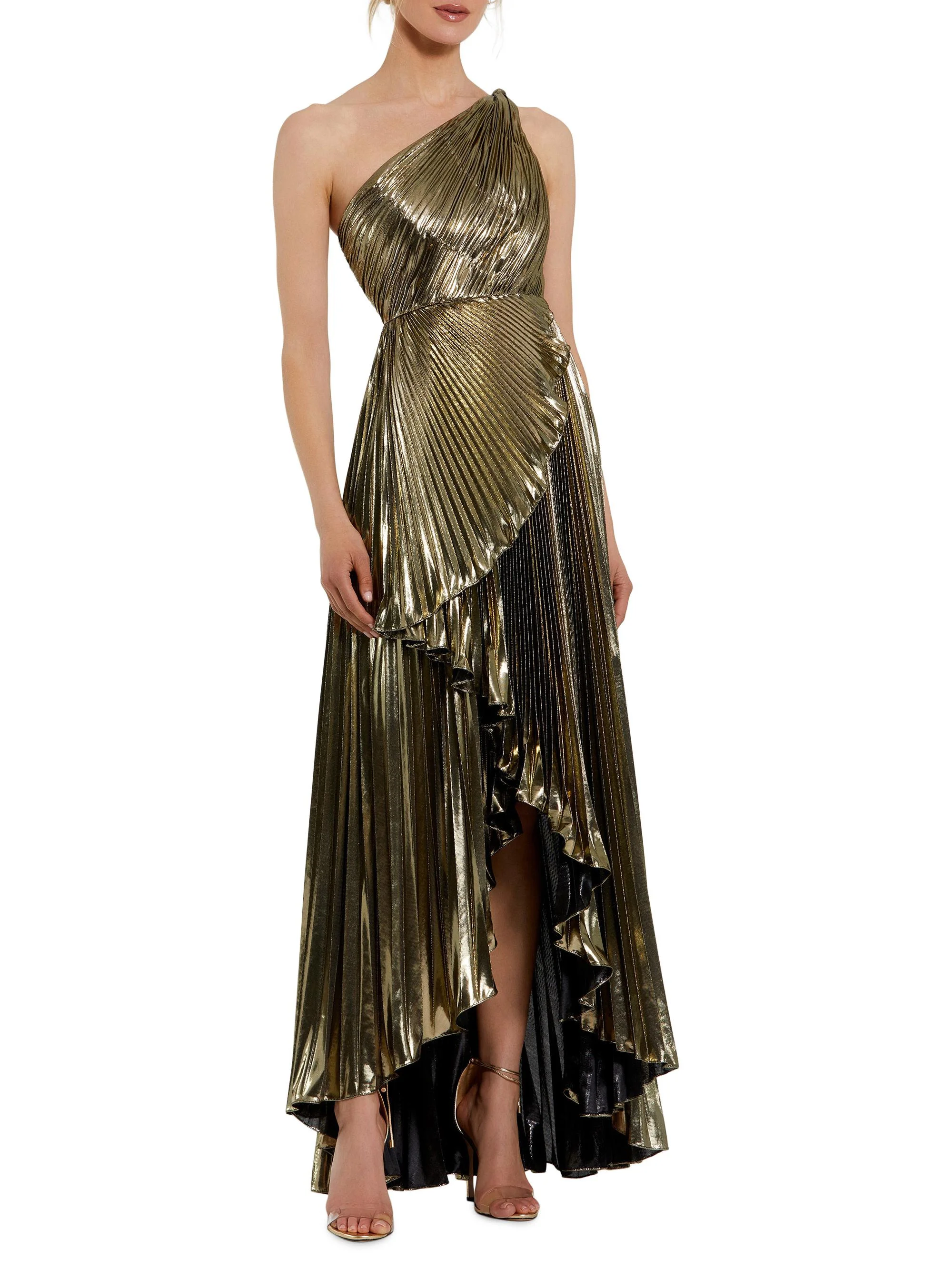 Women's Metallic Pleated One-Shoulder Faux-Wrap Gown - Gold - 1