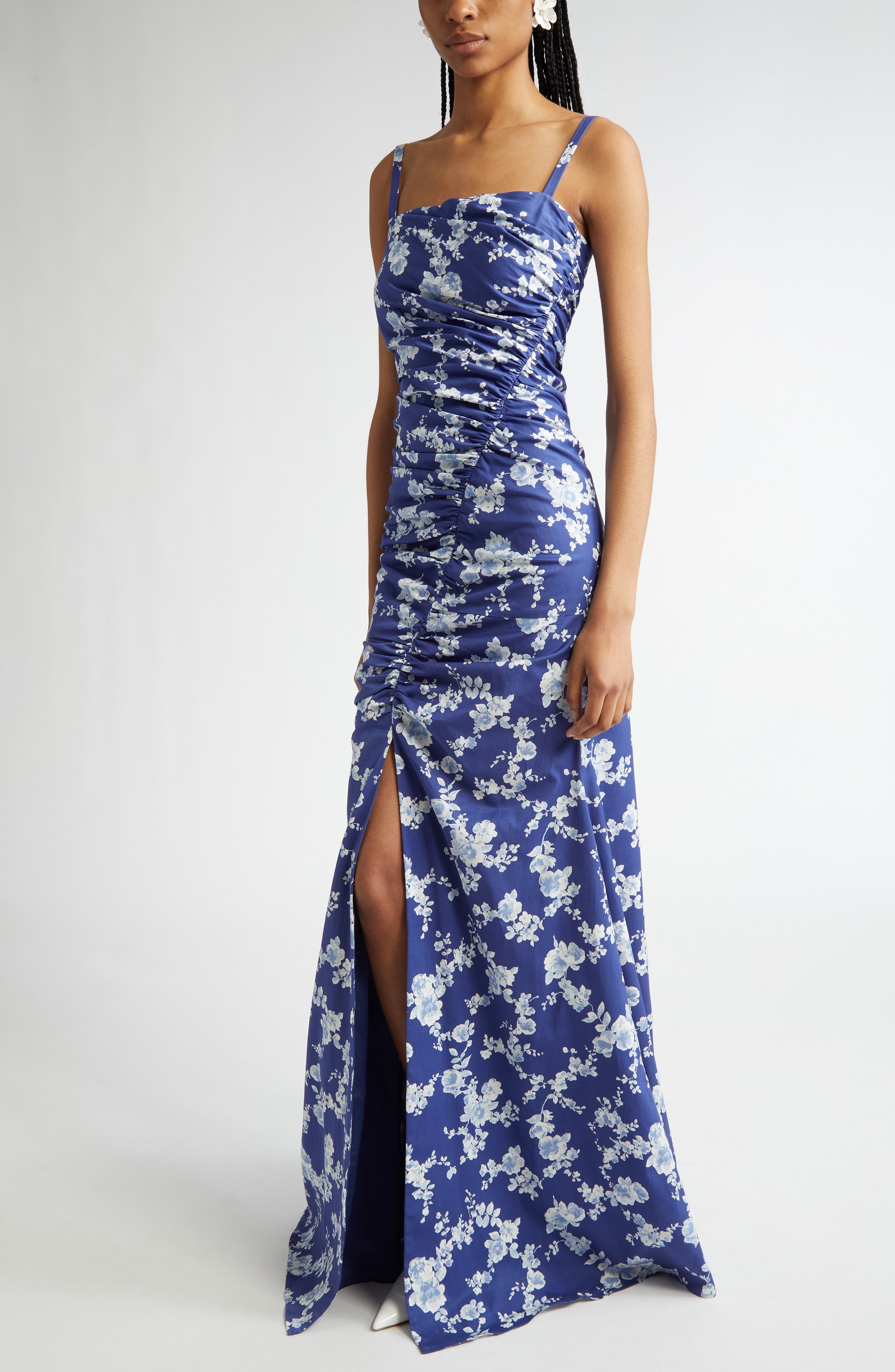 Carolina Herrera Floral Print Ruched Faille Gown in Nautilus Multi at Nordstrom - 4
