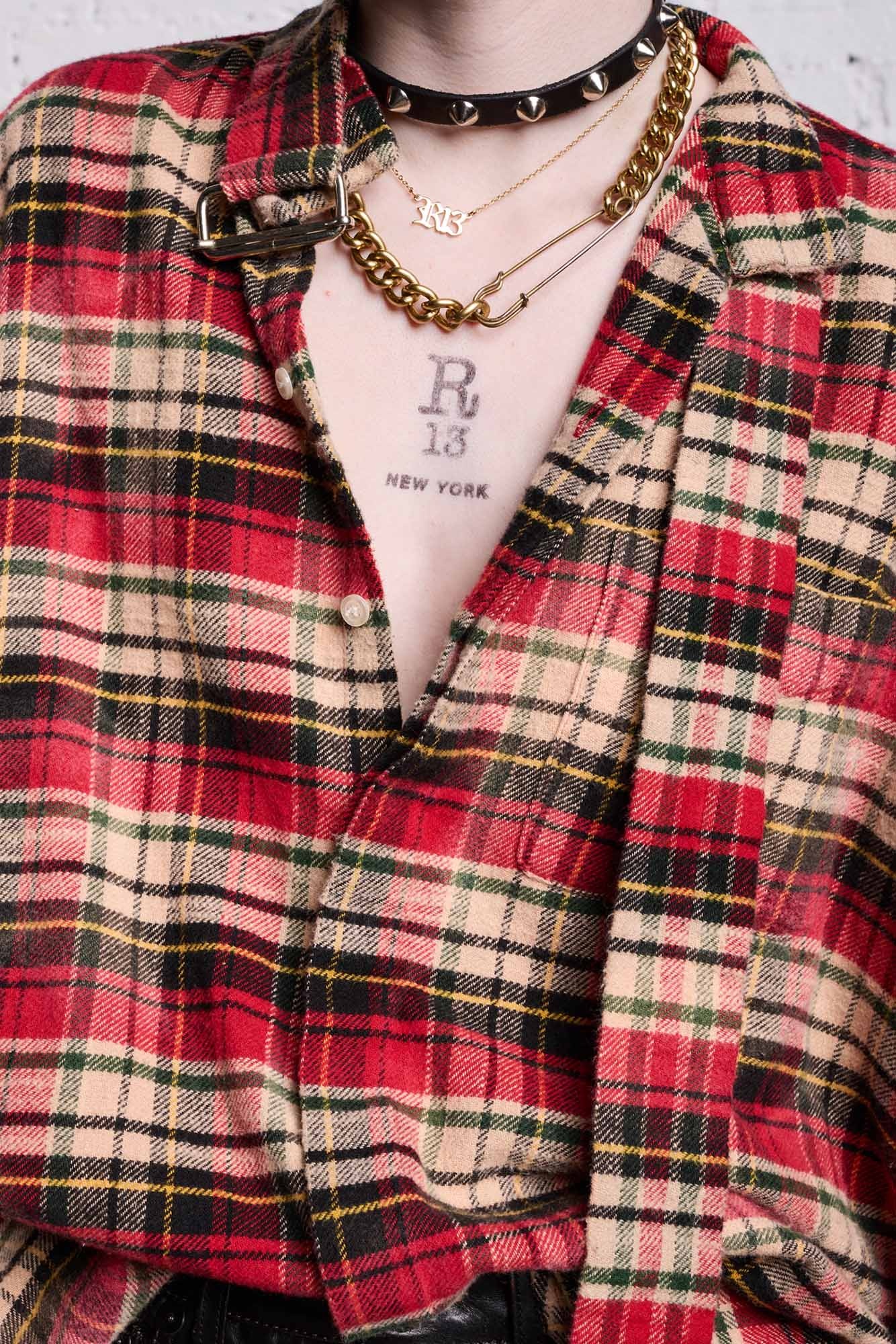 OVERSIZED BELT COLLAR SHIRT - BLEACHED RED PLAID - 8