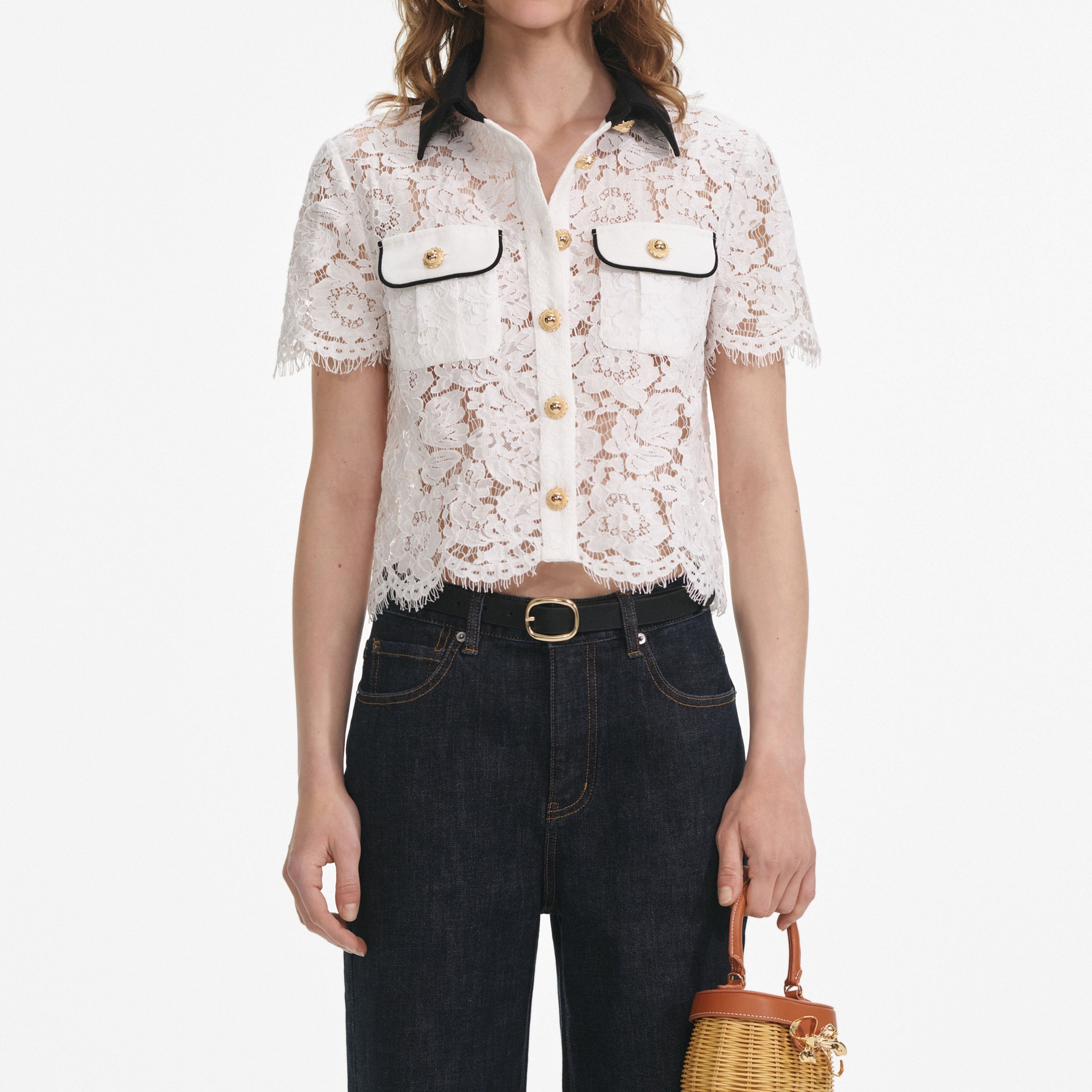 White Lace Contrast Collar Top - 4