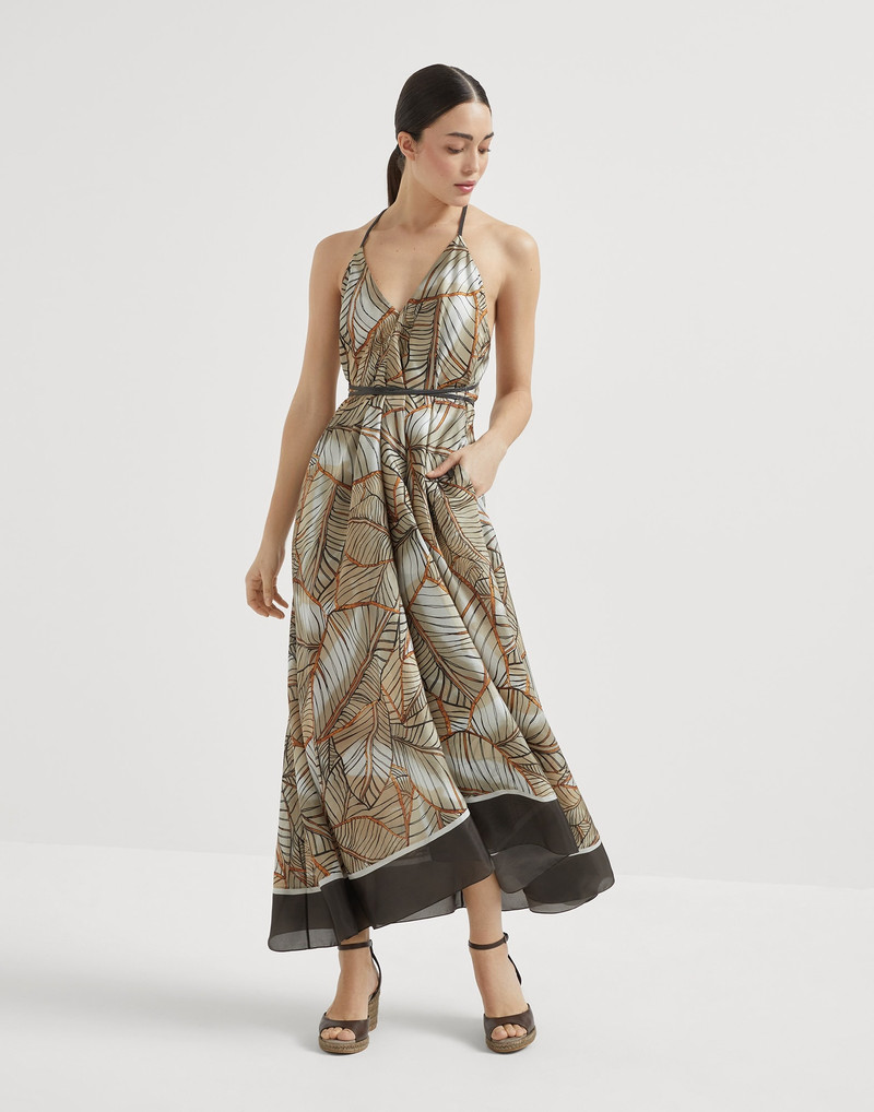 Silk papyrus print pongée dress with precious straps - 1