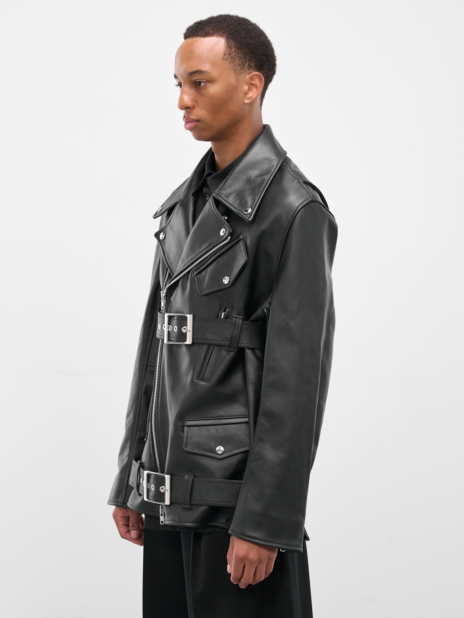 Black Leather Belted Biker Jacket - 2