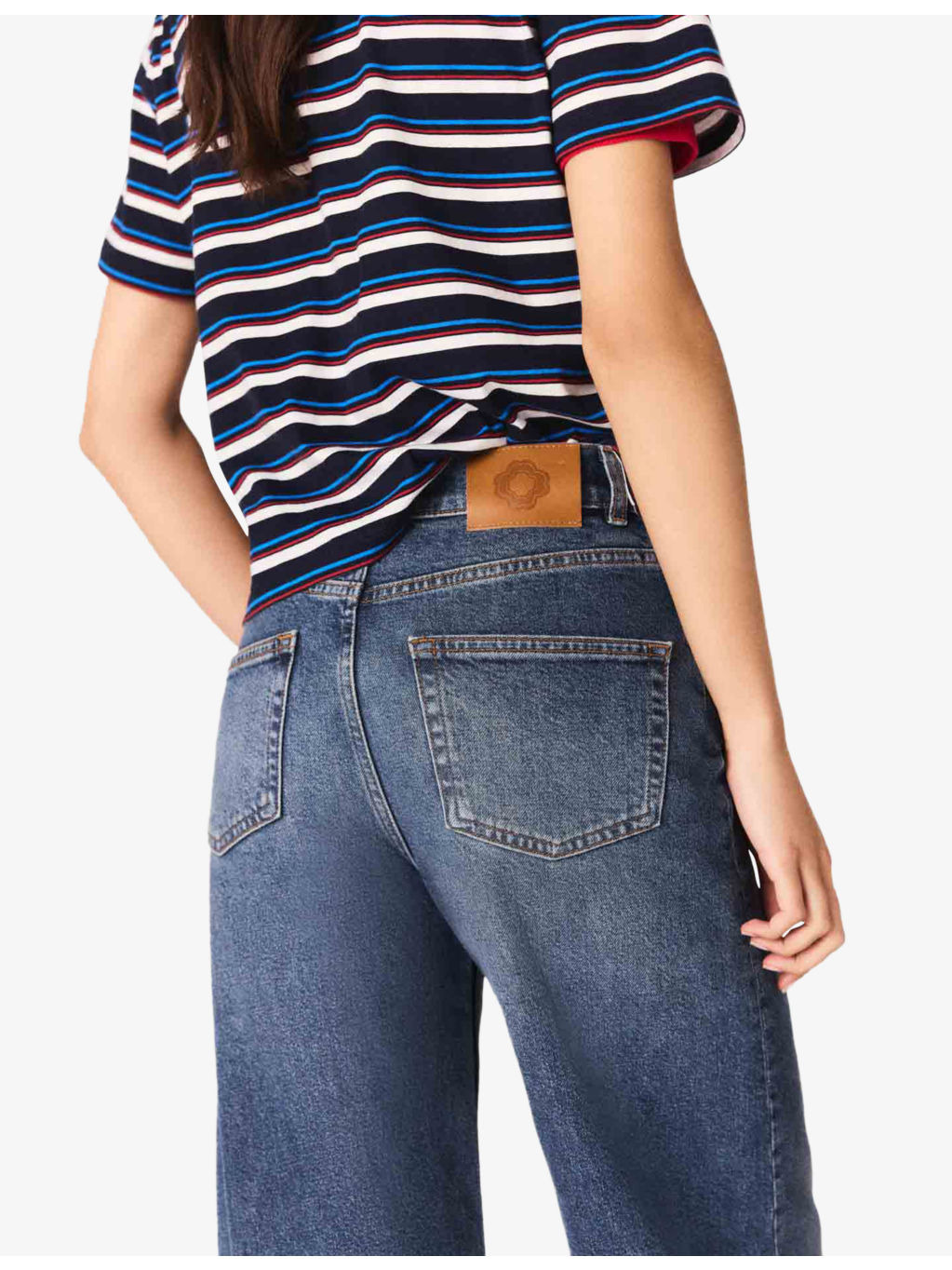 Leather-Pocket Wide-Leg High-Rise Stretch-Denim Jeans - 6