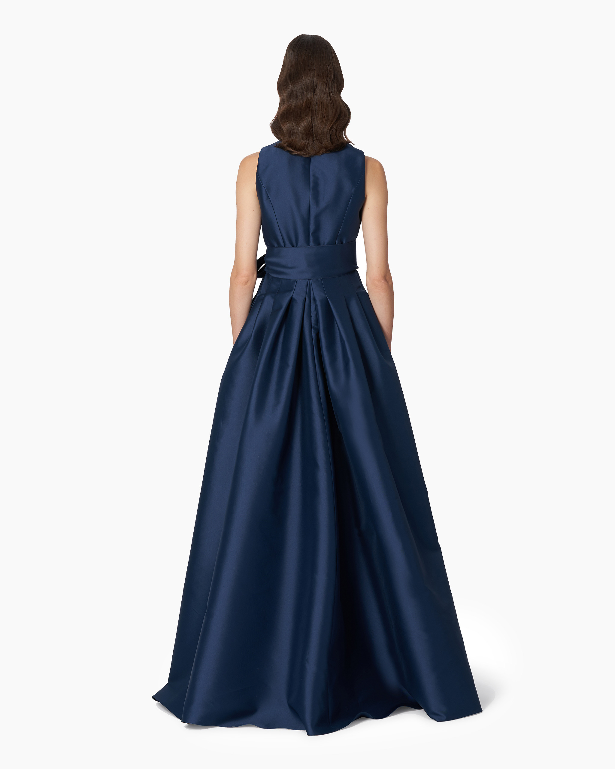 V-neck Gown With Stand Collar And Self Belt - 3