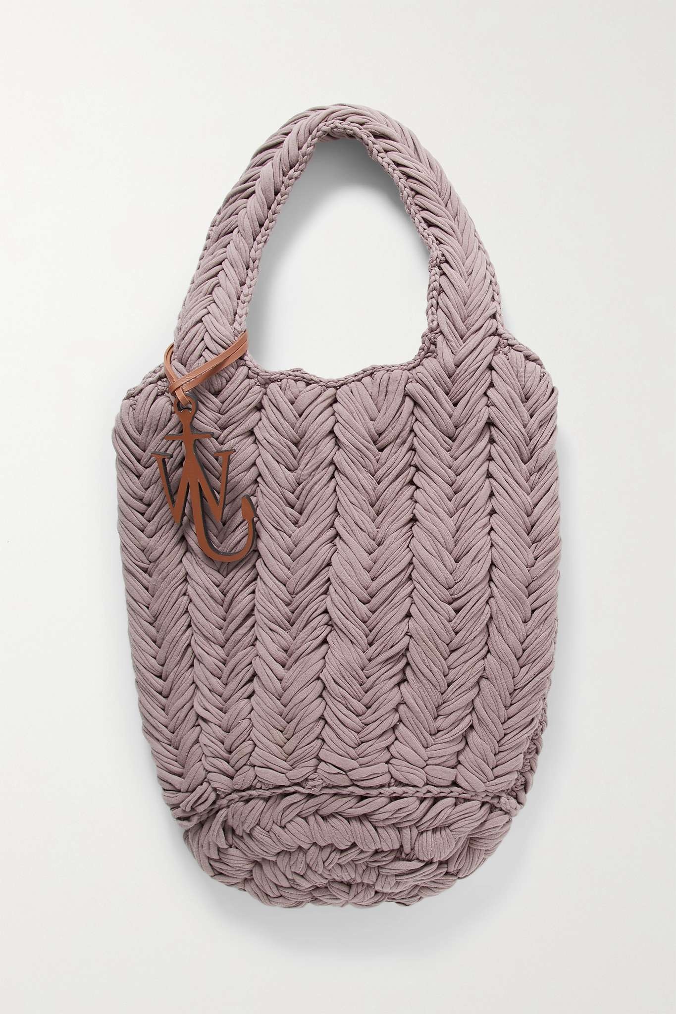 Leather-trimmed crocheted cotton tote - 1