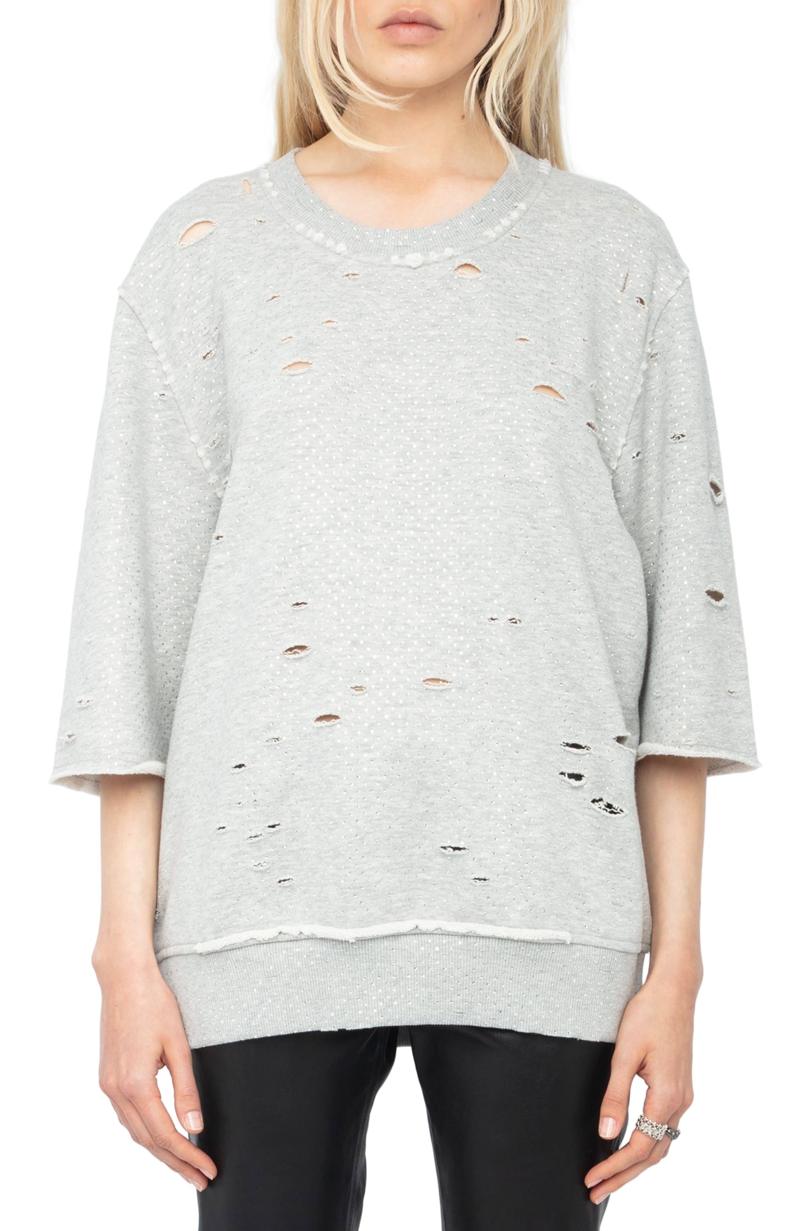 Zadig & Voltaire Edmond Rhinestone Destroyed Sweatshirt in Gris Chine at Nordstrom - 1