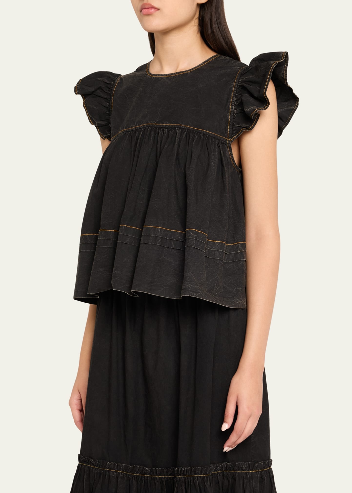 Garment-Dyed Flutter-Sleeve Babydoll Top - 4