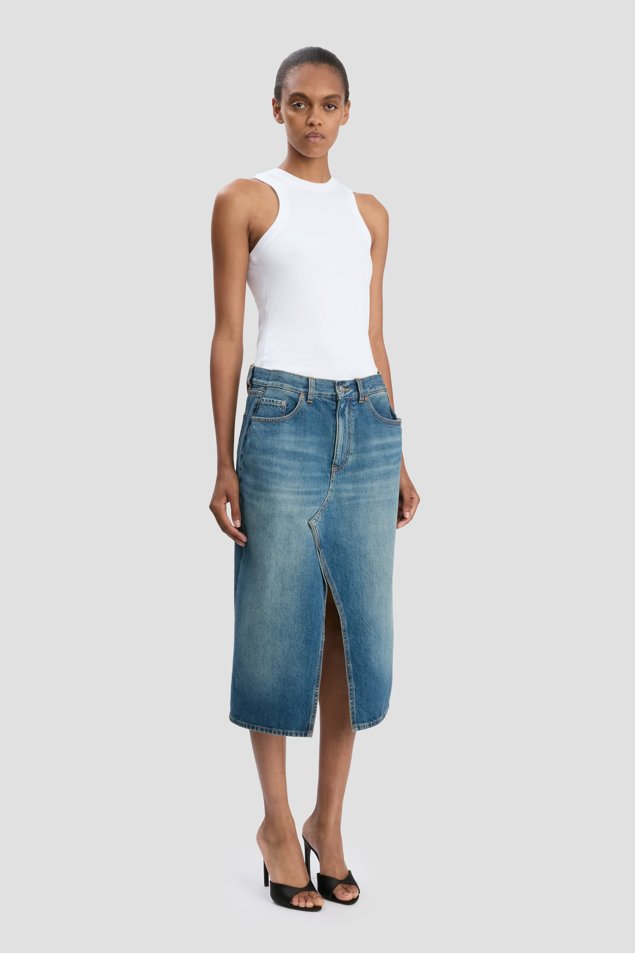 Kick Pocket Denim Skirt In Mid Blue Wash - 3