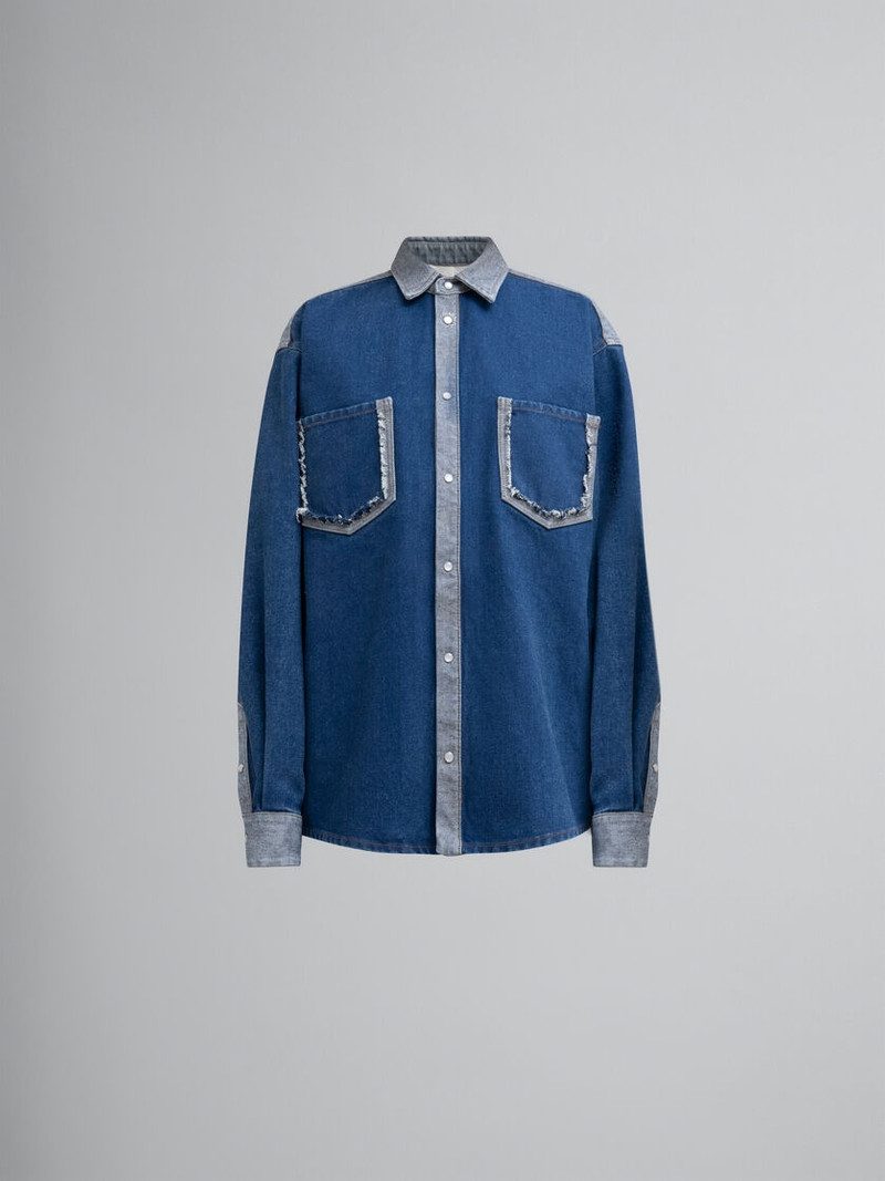 BLUE TWO-TONE DENIM SHIRT WITH RAW-CUT EDGES - 1