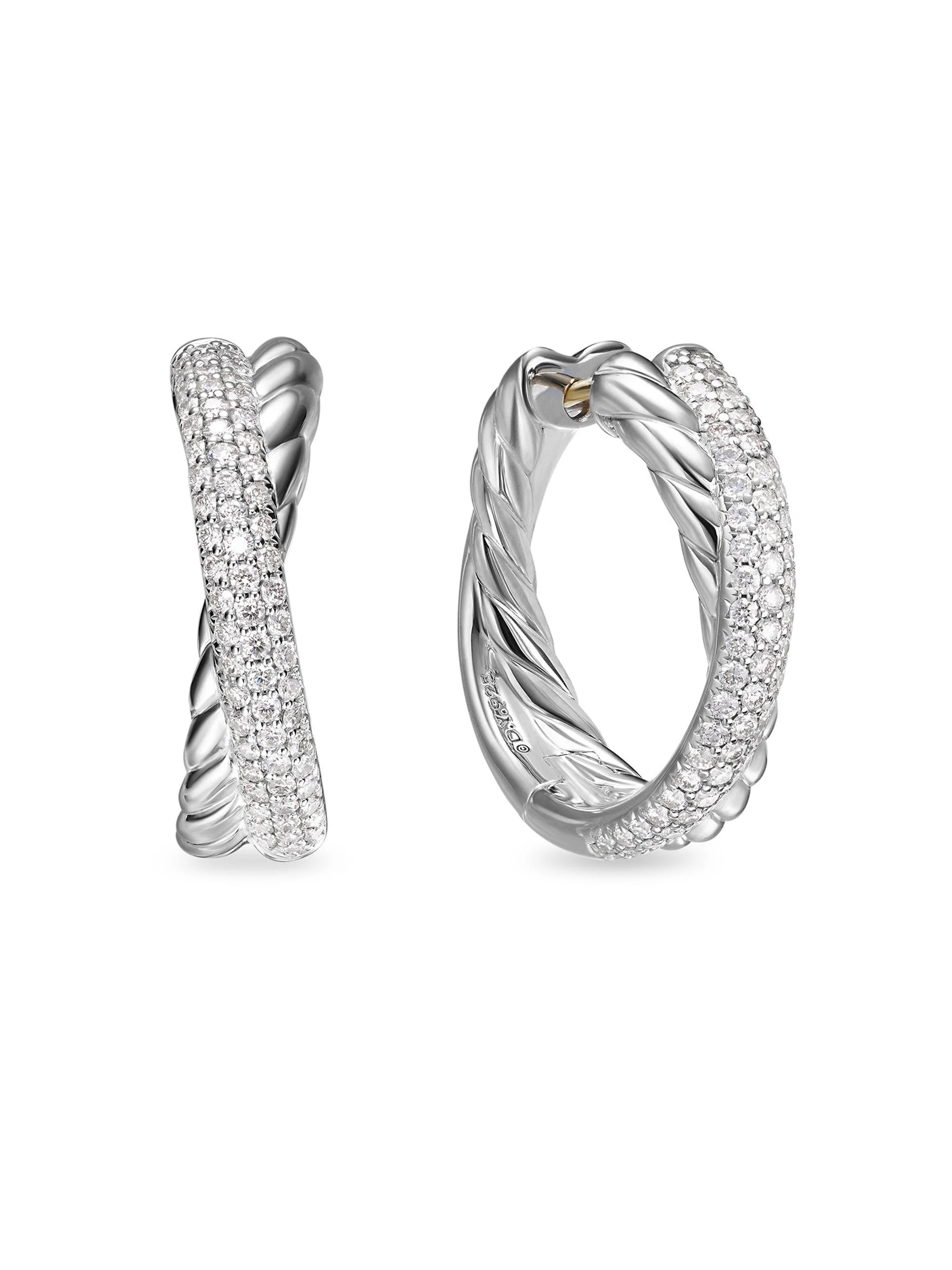 Women's Crossover Hoop Earrings in Sterling Silver with Diamonds, 22.4MM - Diamond - 1