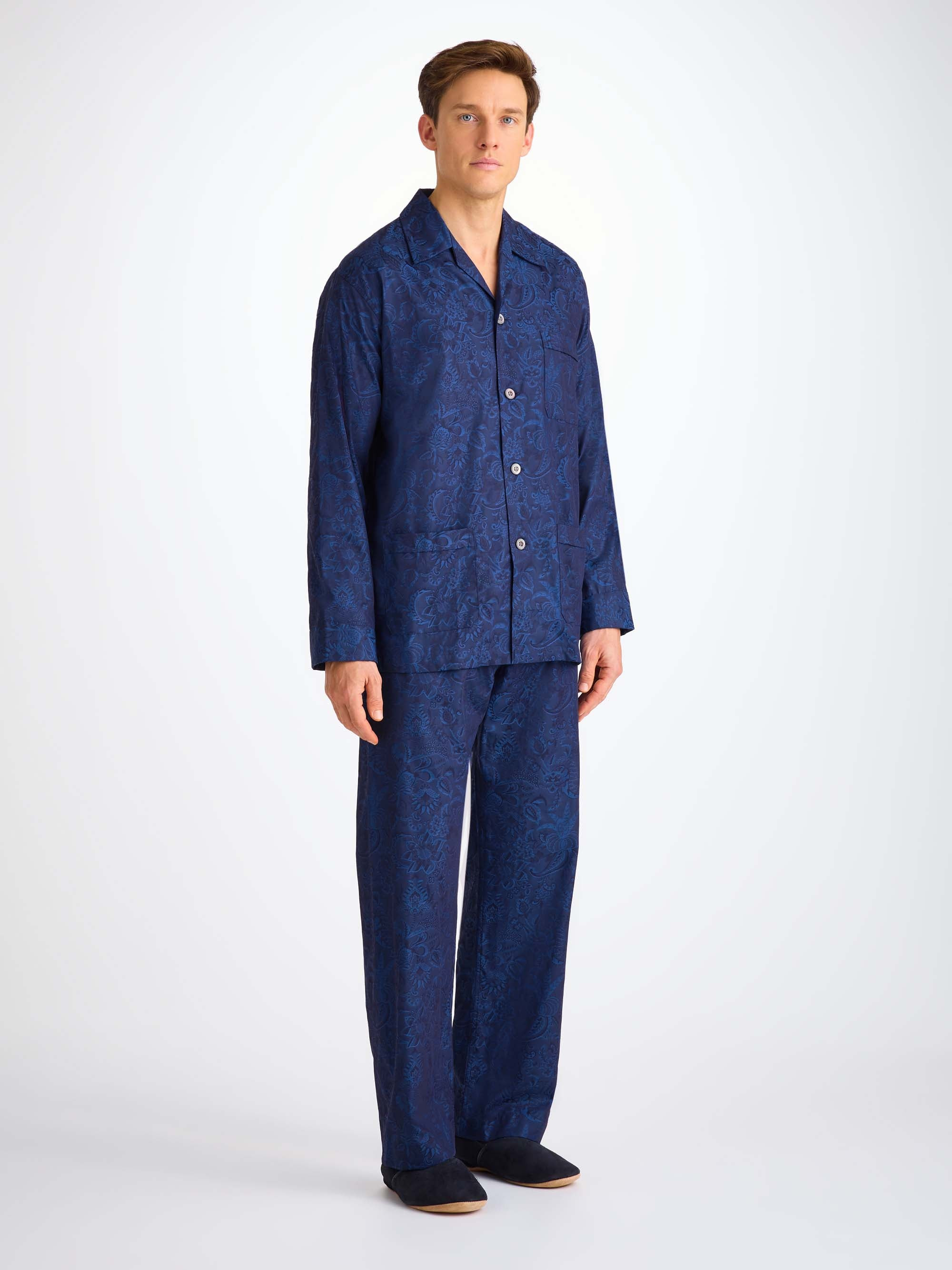 Men's Classic Fit Pajamas Cotton Jacquard Navy Jungle Paisley Pattern - 3