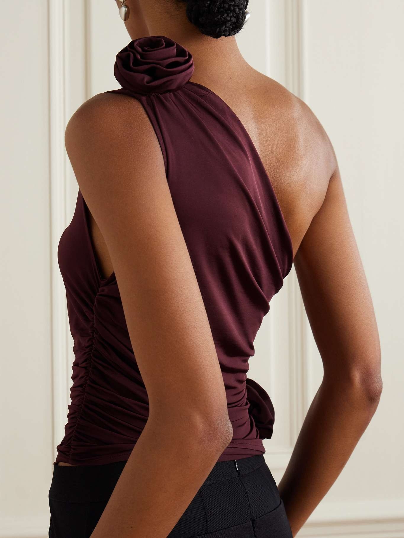 One-shoulder floral-appliquéd ruched satin-jersey top Burgundy - 3
