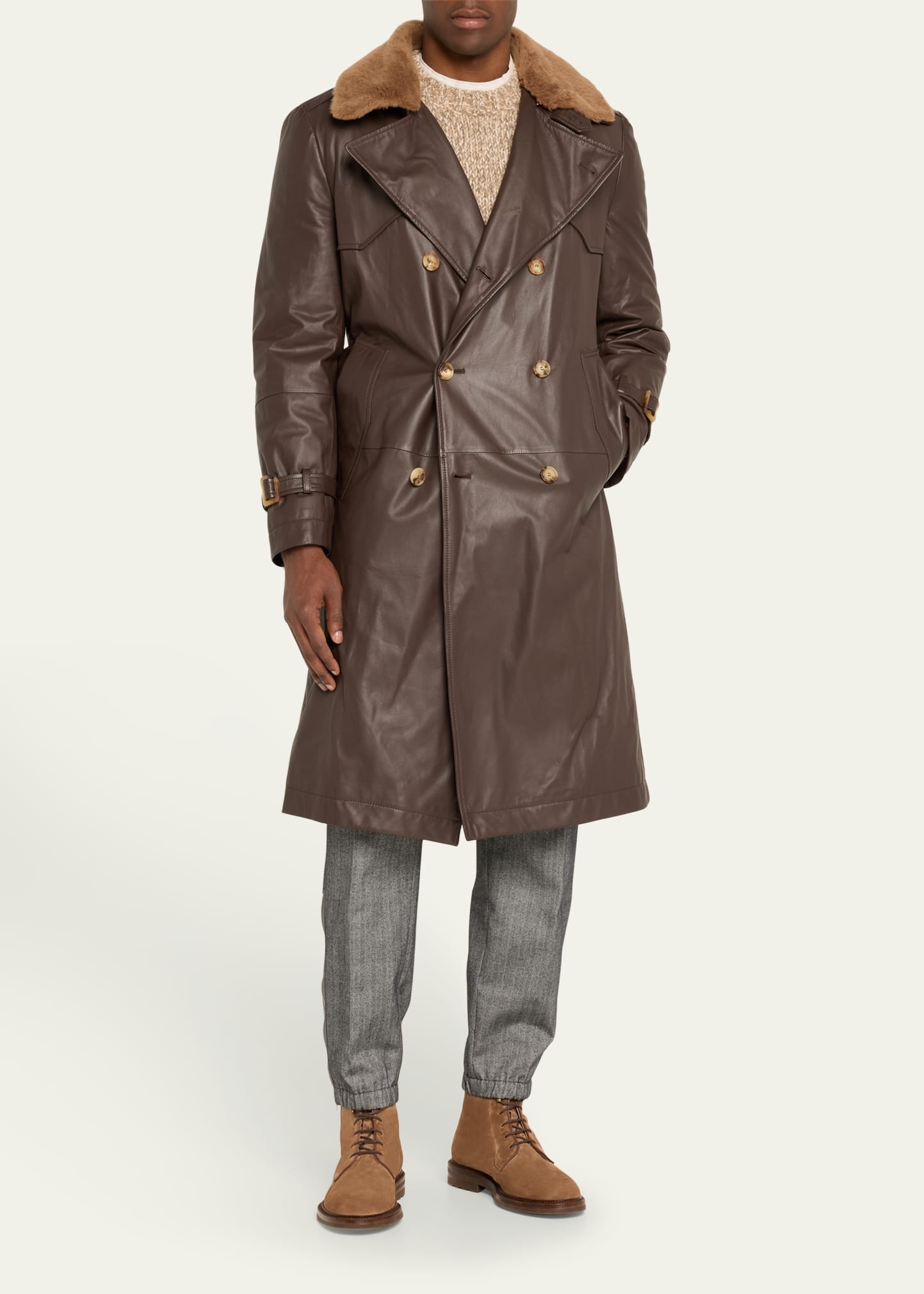 Brunello Cucinelli Men's Leather Shearling-Collar Trench