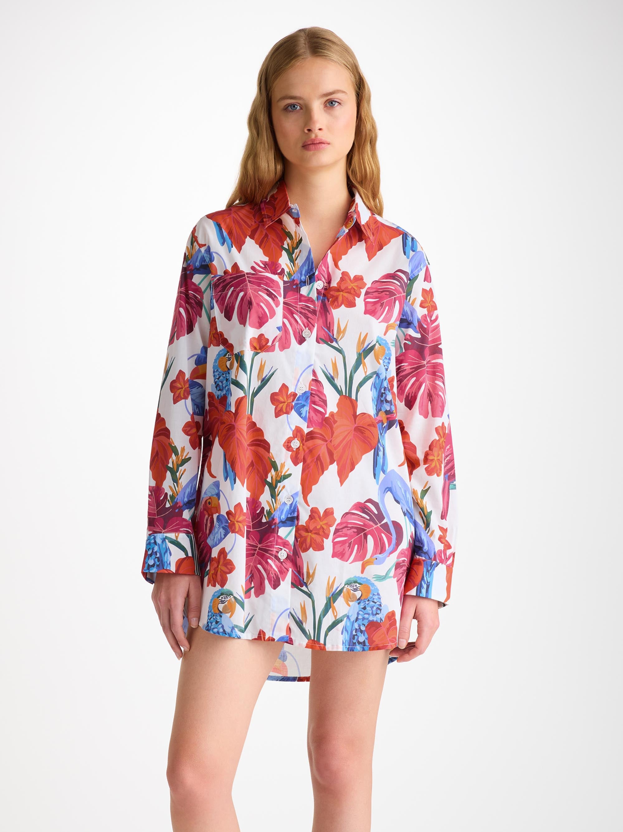 Women's Nightshirt Cotton Batiste White Jungle Birds Print - 2