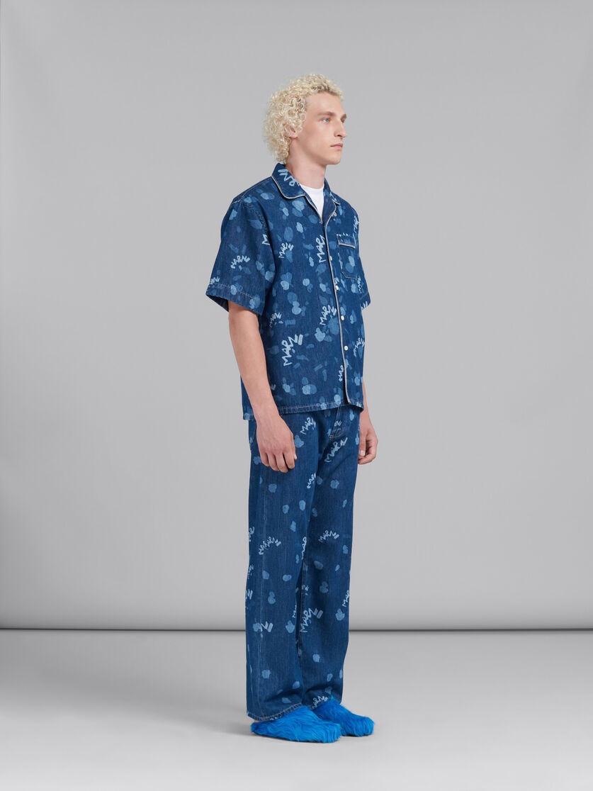 BLUE DENIM BOWLING SHIRT WITH MARNI DRIPPING PRINT - 4