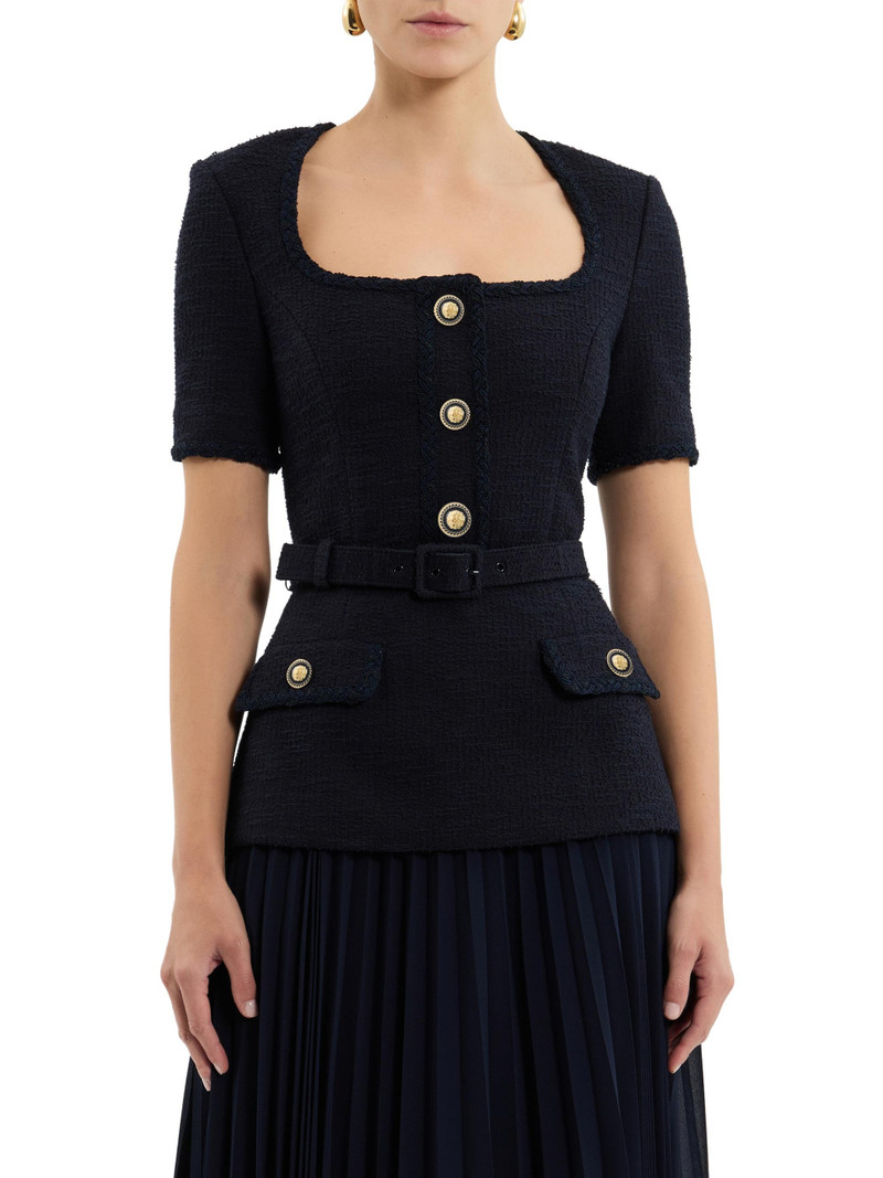 Women's Jonie Belted Mixed-Media Midi-Dress - Navy 1