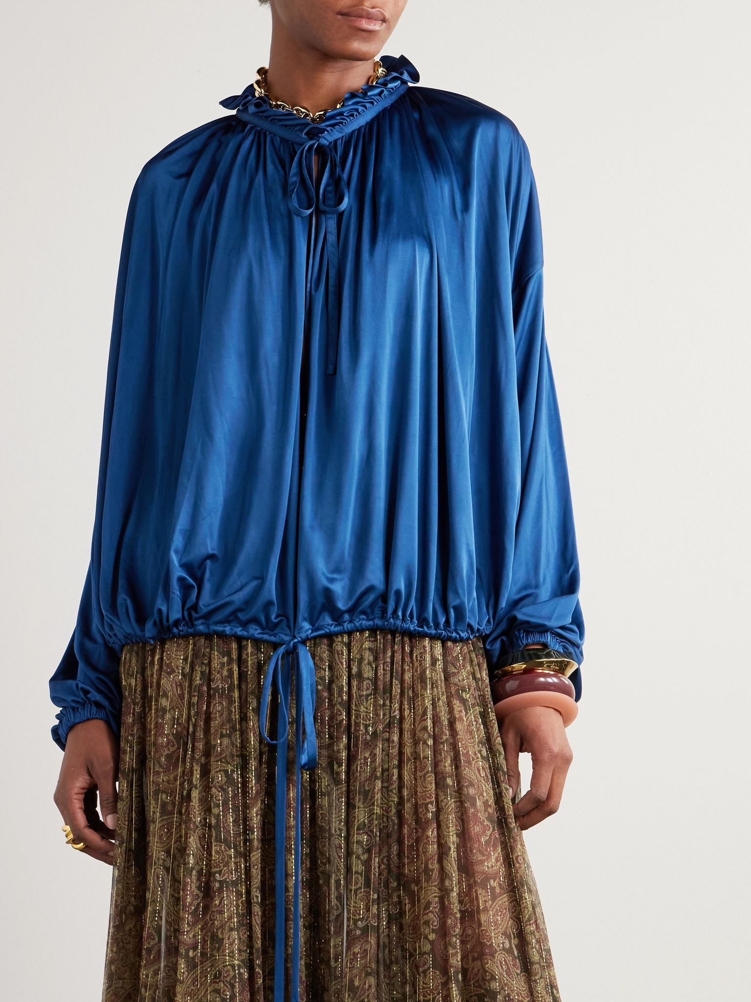 Ruffled satin-jersey blouse Blue - 3