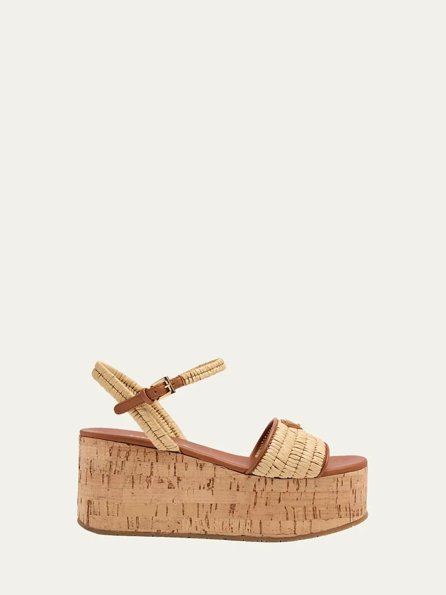 75mm Triangle Logo Raffia Platform Sandals - 1