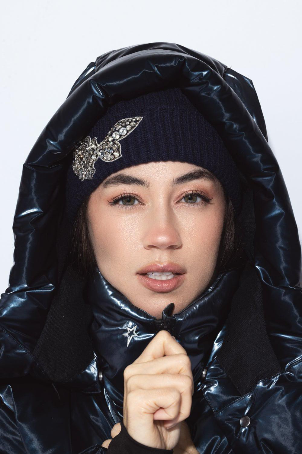 Embroidered Knitted Hat - Navy - 2