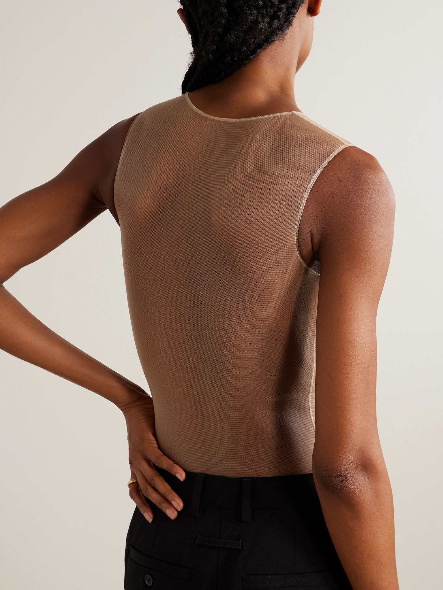 Illusion mesh and duchesse-satin bodysuit Black - 4