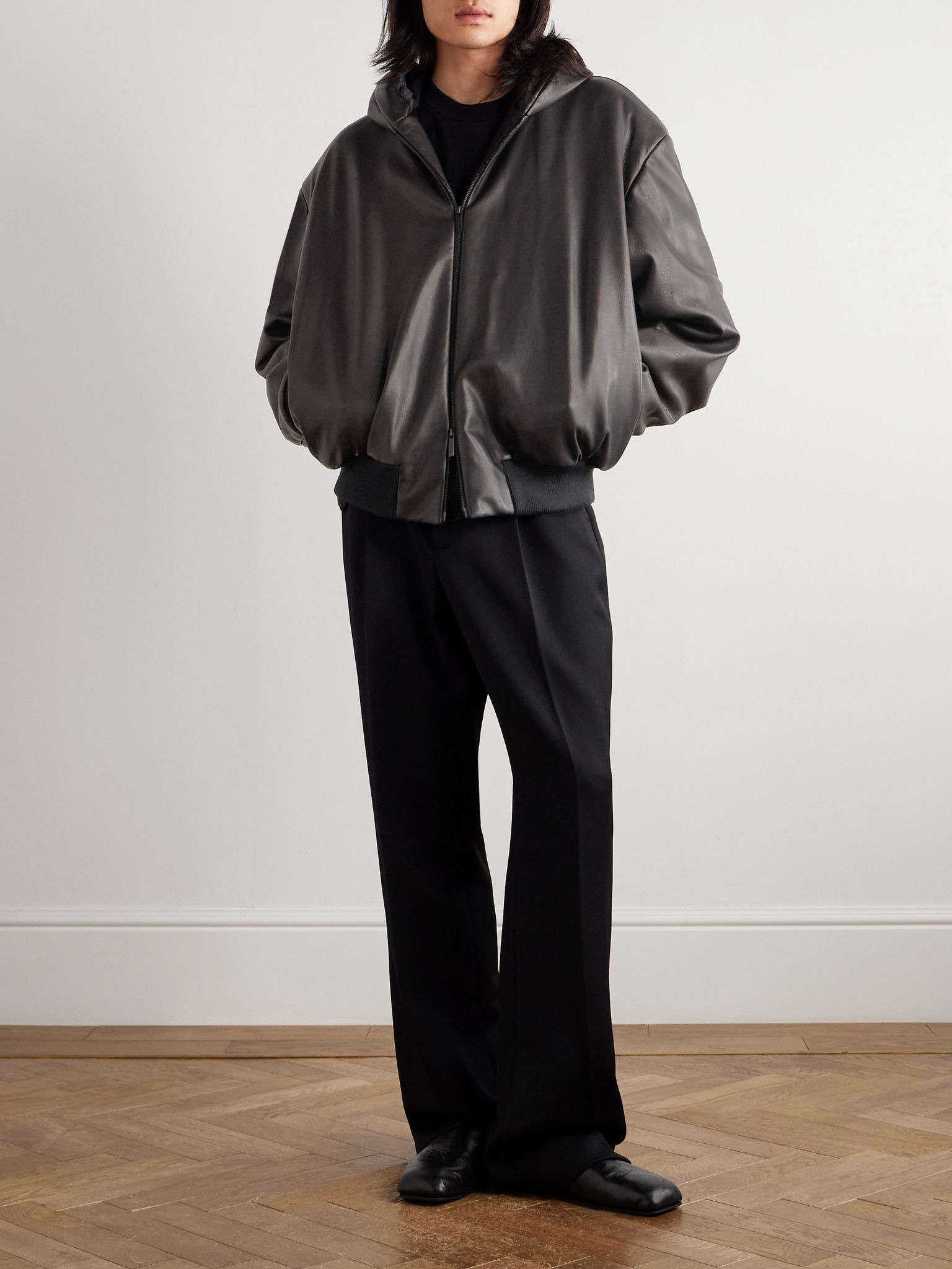 Padded Leather Hooded Bomber Jacket Black - 2