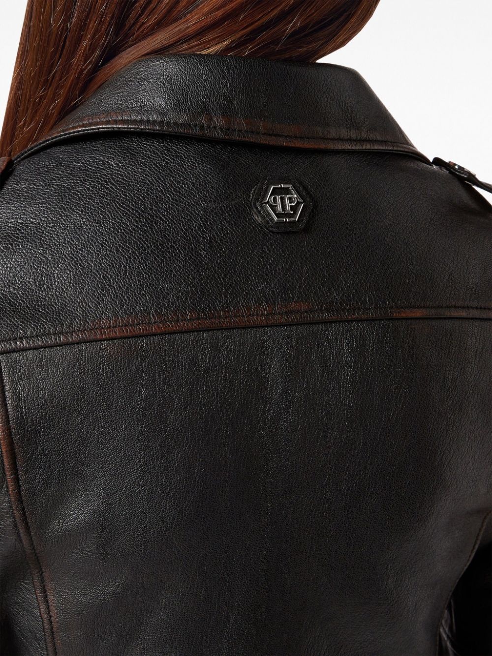 logo-patch leather biker jacket - 5