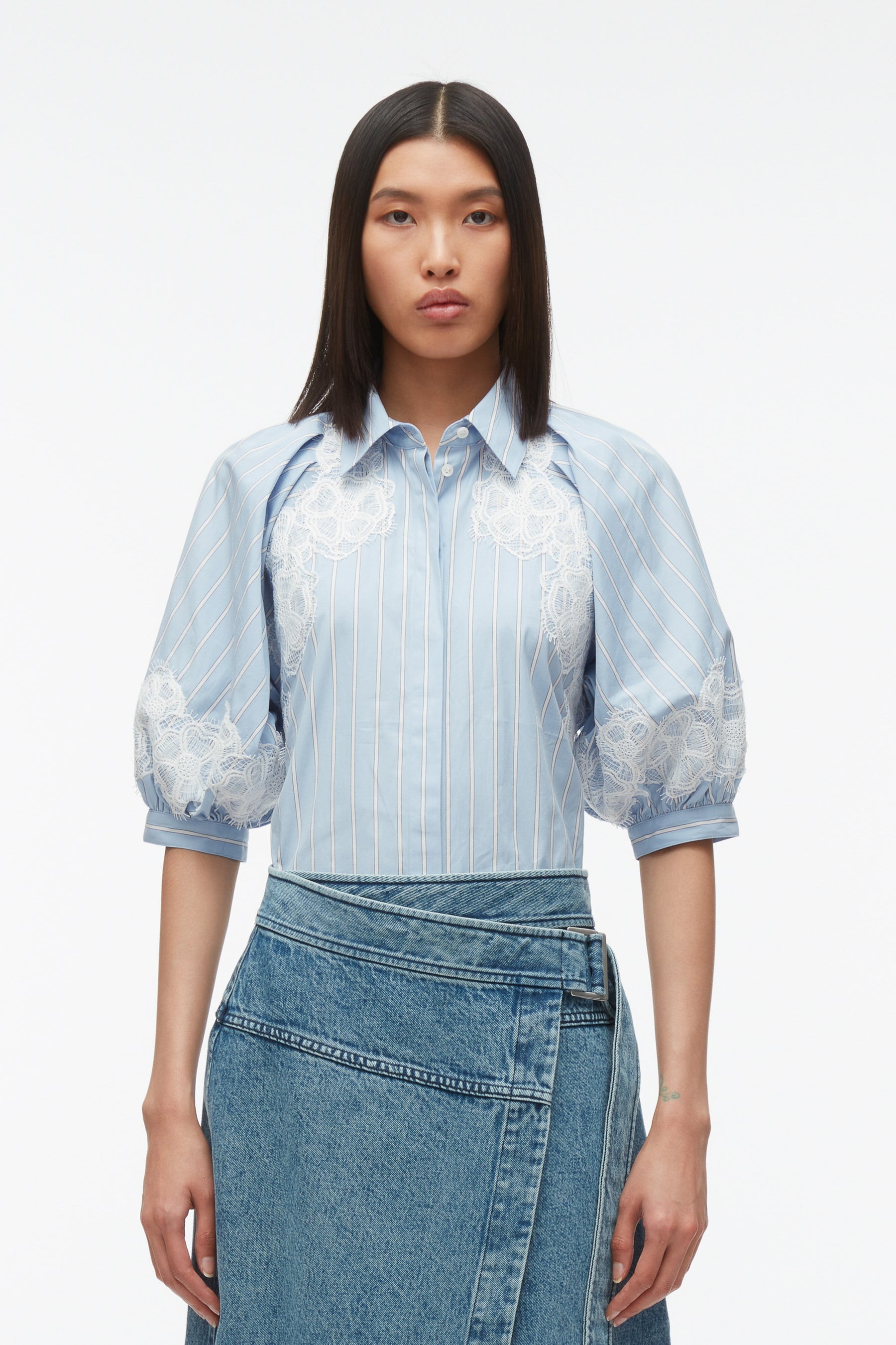 Lantern Sleeve Stripe Shirt with Lace - 2