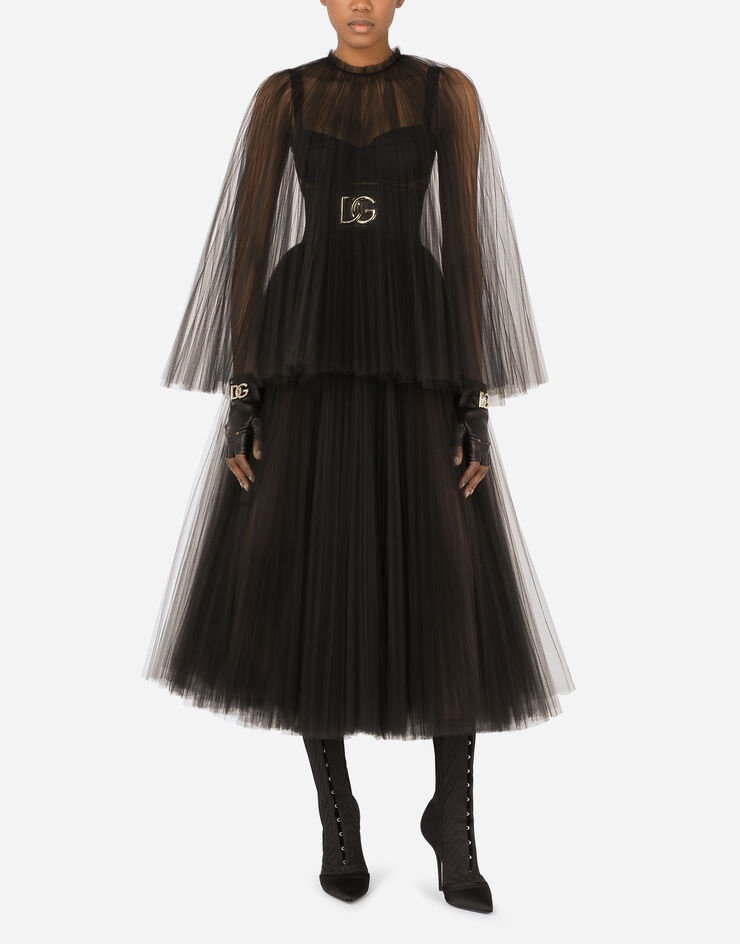 Tulle calf-length dress with sunray pleats and cape detail - 7