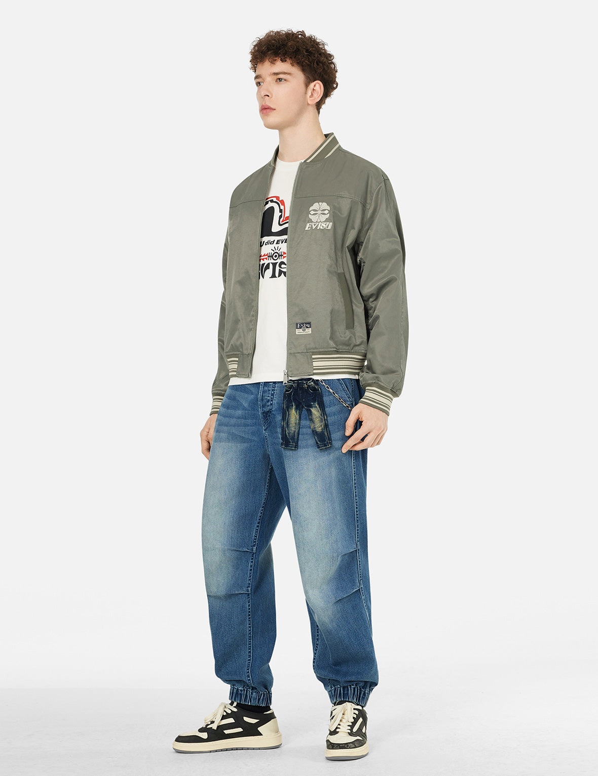 Seagull and Logo Print Loose Fit Denim Joggers - 3