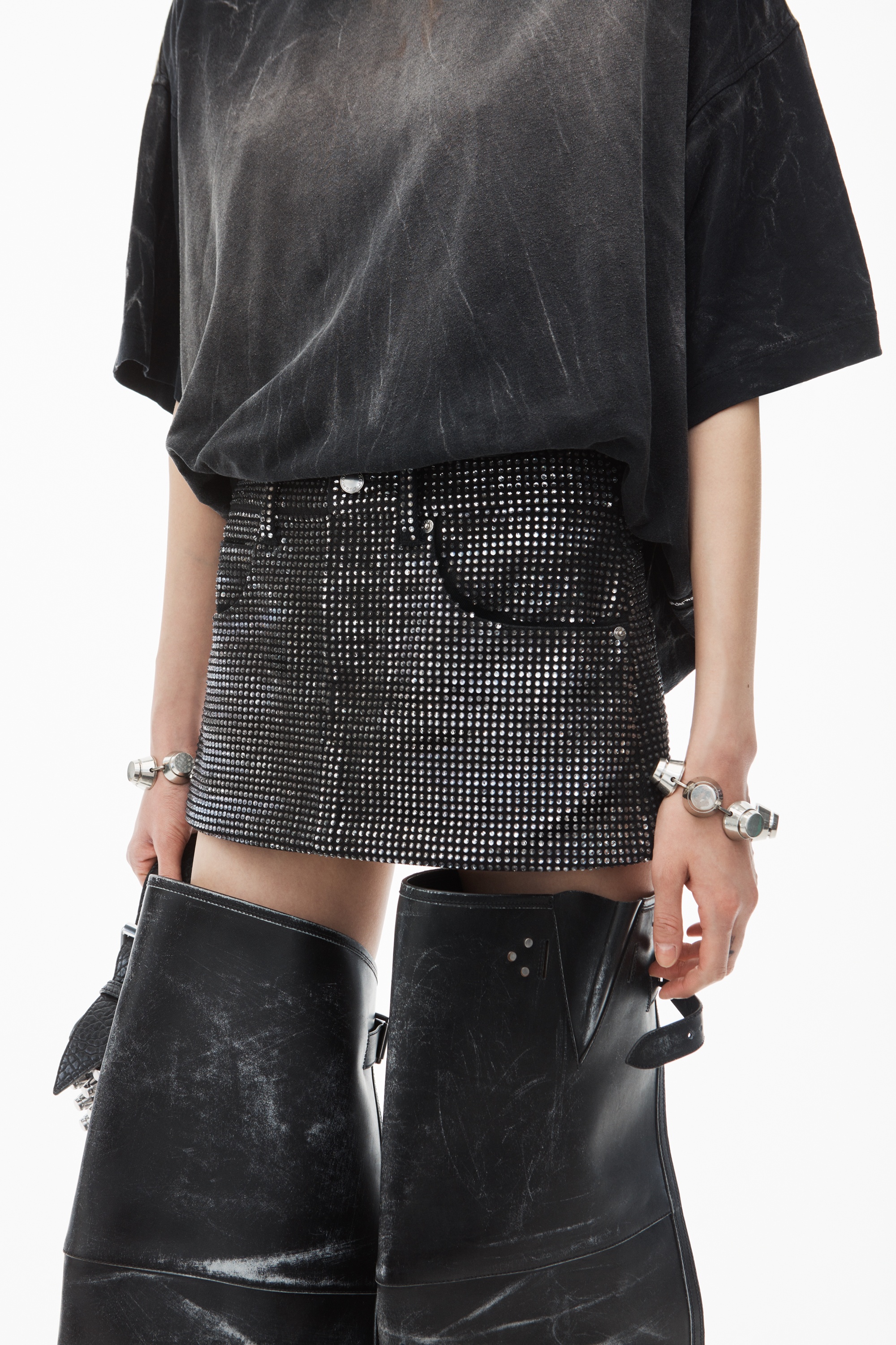 Alexander Wang crystal hotfix mini skirt in cotton denim
