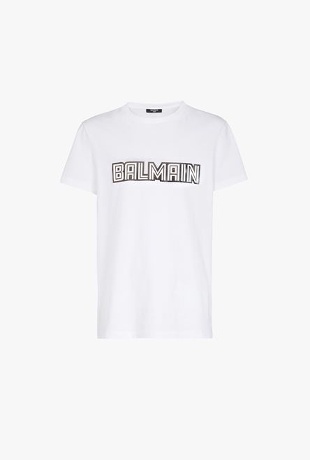 White eco-designed cotton T-shirt with embossed silver Balmain Paris logo - 1