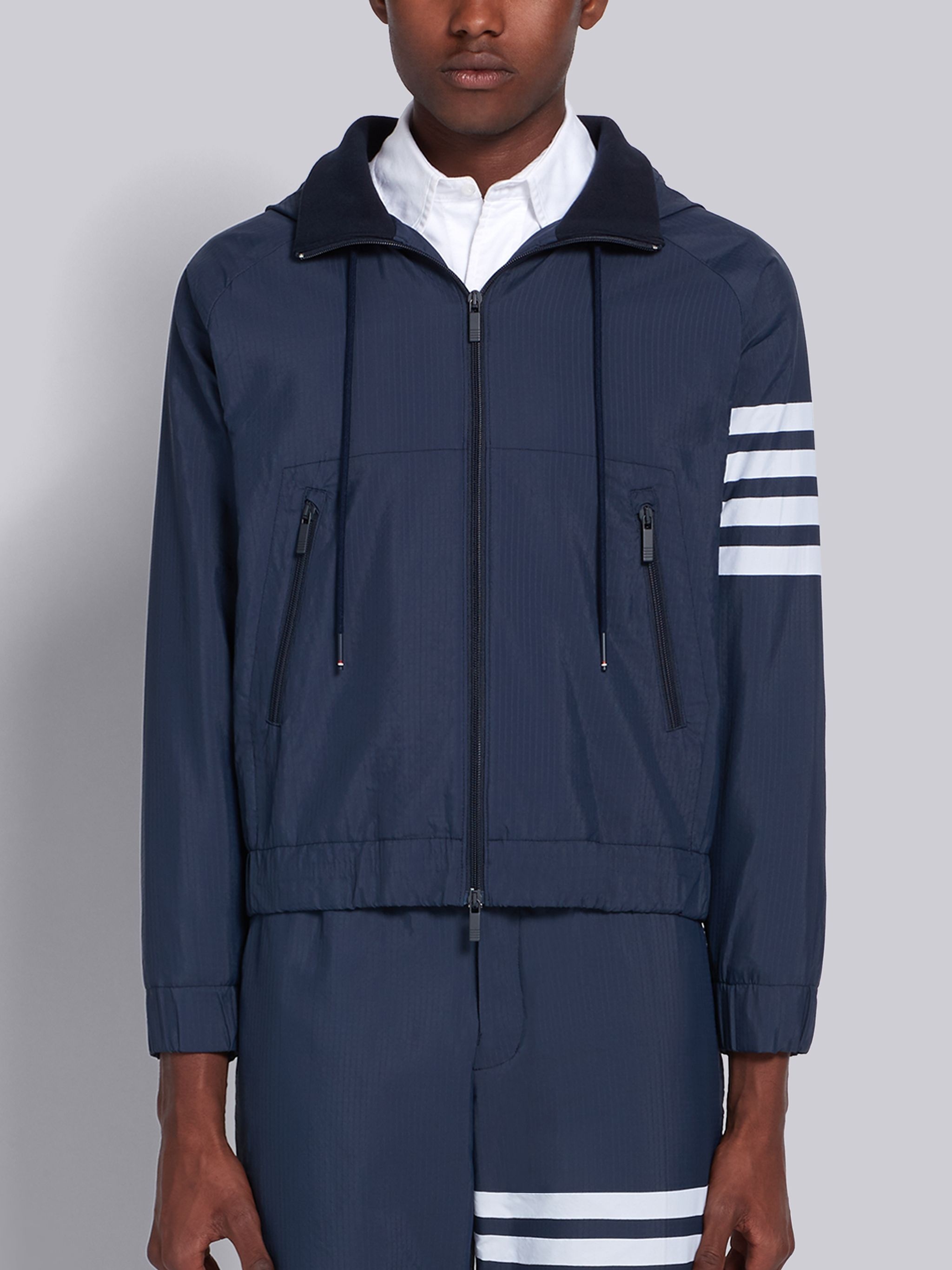 Navy Ripstop Zip-Up 4-Bar Hoodie - 1