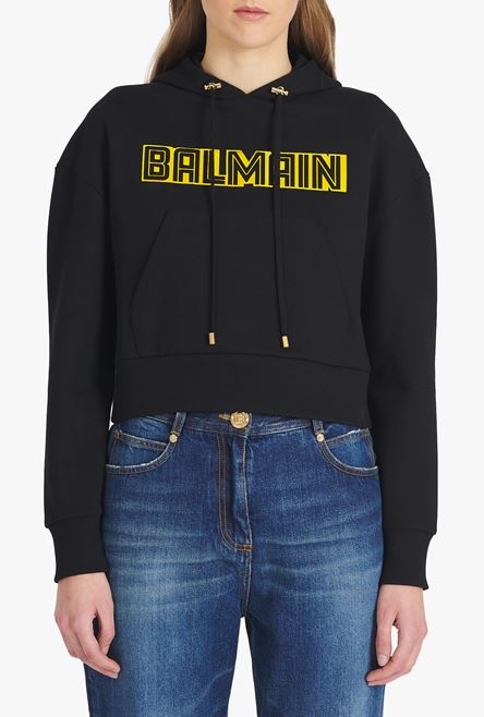 Cropped black cotton sweatshirt with gold Balmain logo - 5