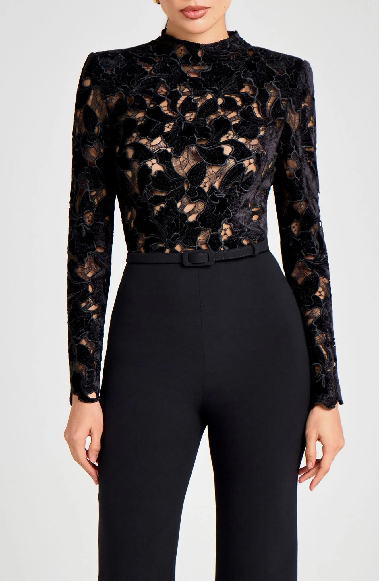 NADINE MERABI Lace Mock Neck Velvet Jumpsuit in Black at Nordstrom - 1
